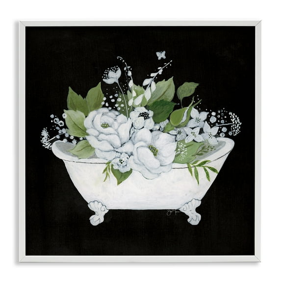 Stupell Industries Charming Floral Bathtub Typography Painting White Framed Art Print Wall Art, 12 x 12