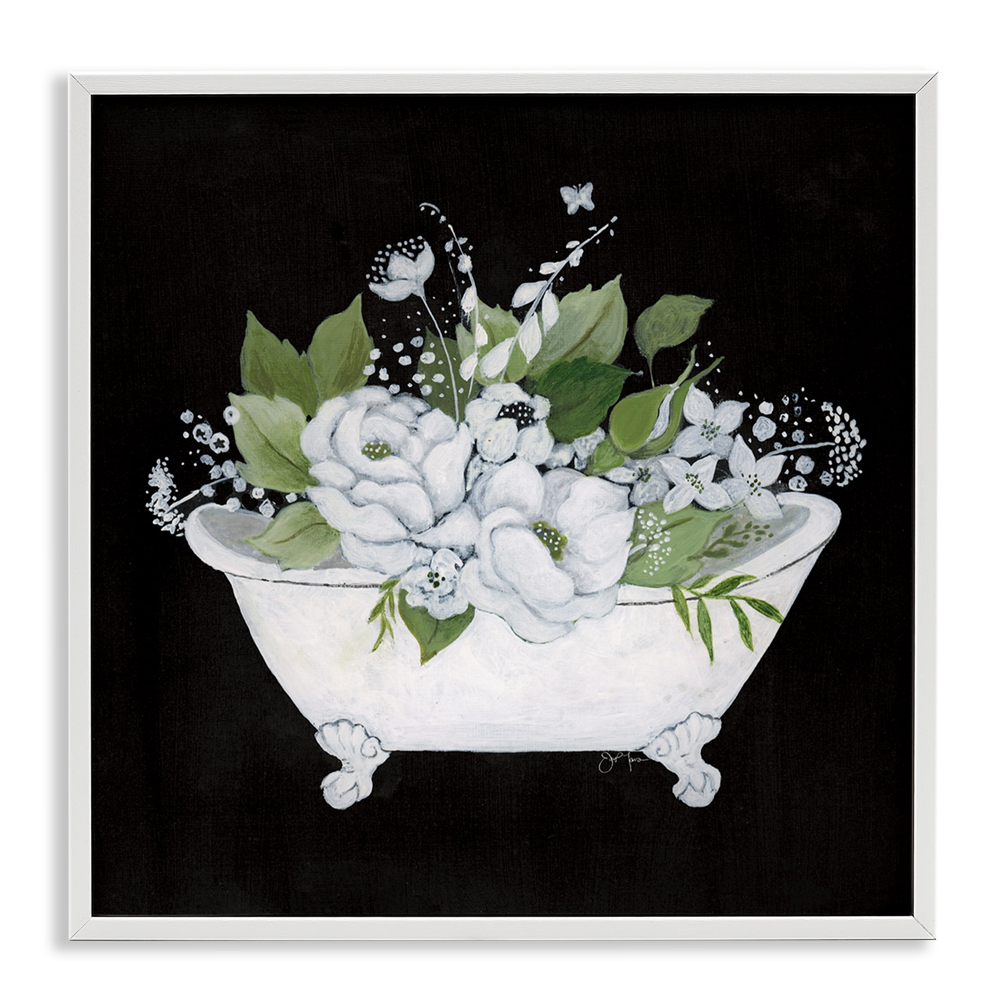 Stupell Industries Charming Floral Bathtub Typography Painting White Framed Art Print Wall Art, 17 x 17