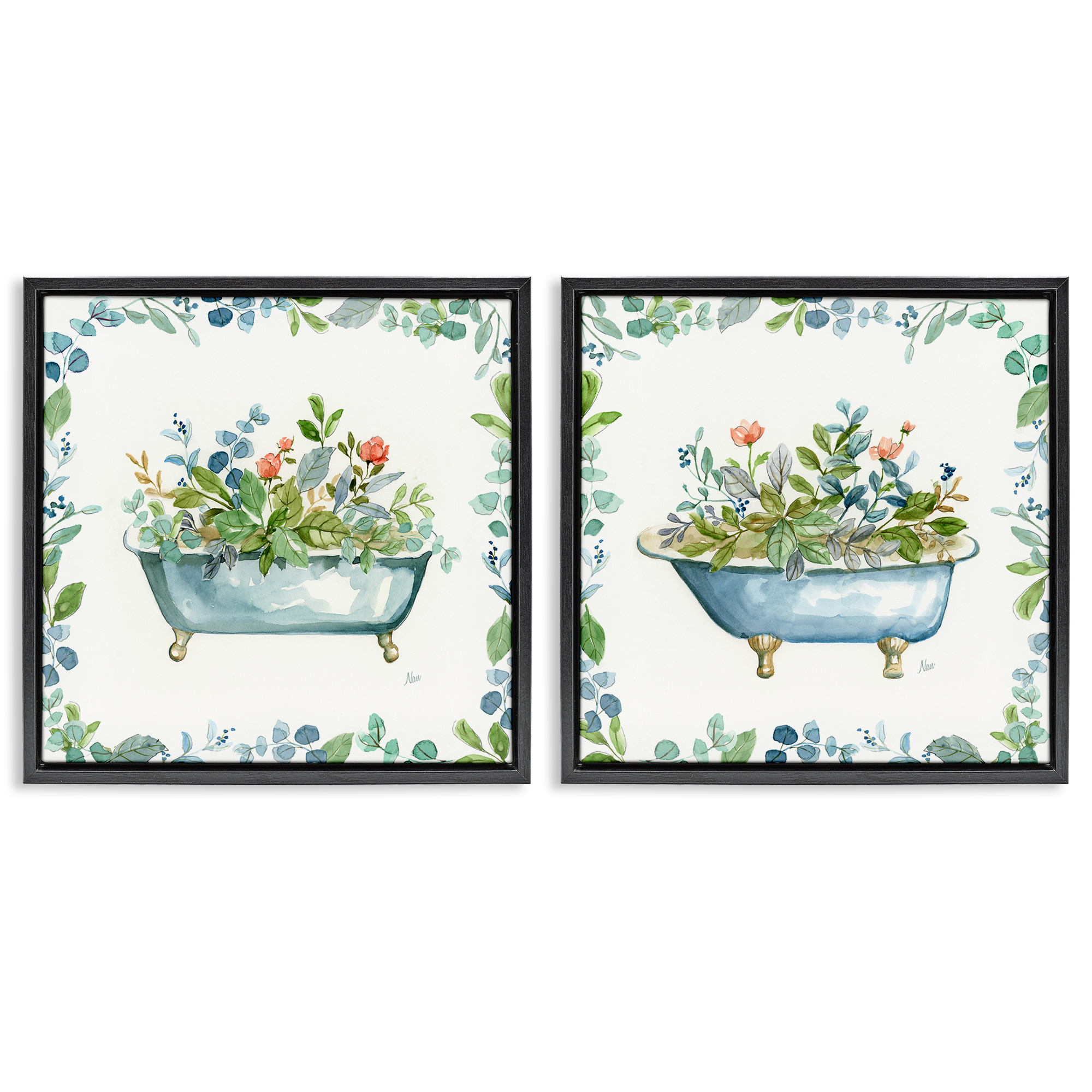 Stupell Industries Charming Flower Filled Tub Bath & Laundry Painting Black Floater Framed Canvas Art Print Wall Art, 18 x 18, Set of 2