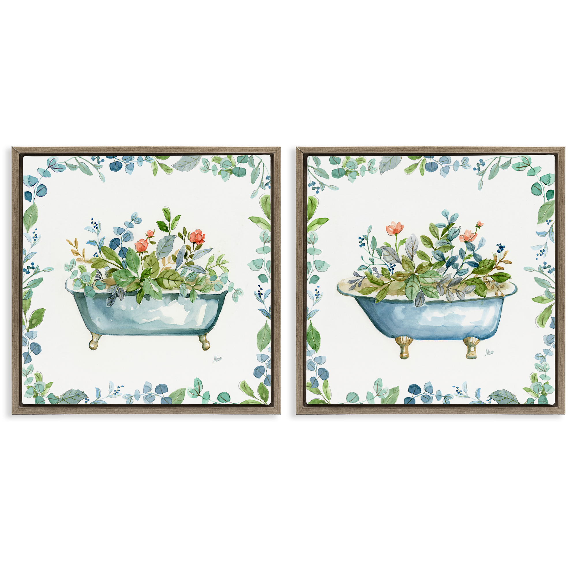 Stupell Industries Charming Flower Filled Tub Bath & Laundry Painting Brown Floater Framed Canvas Art Print Wall Art, 18 x 18, Set of 2