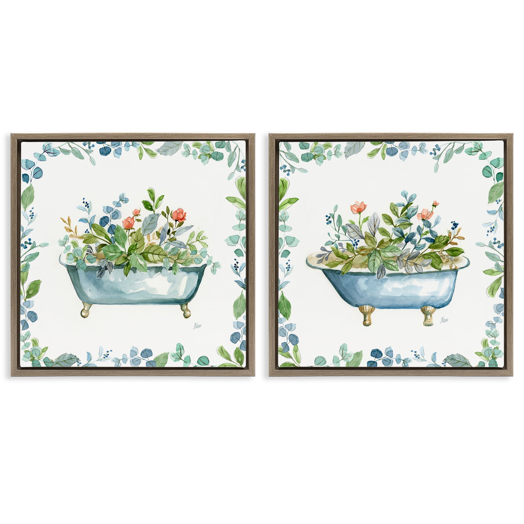 Stupell Industries Charming Flower Filled Tub Bath & Laundry Painting Brown Floater Framed Canvas Art Print Wall Art, 25 x 25, Set of 2