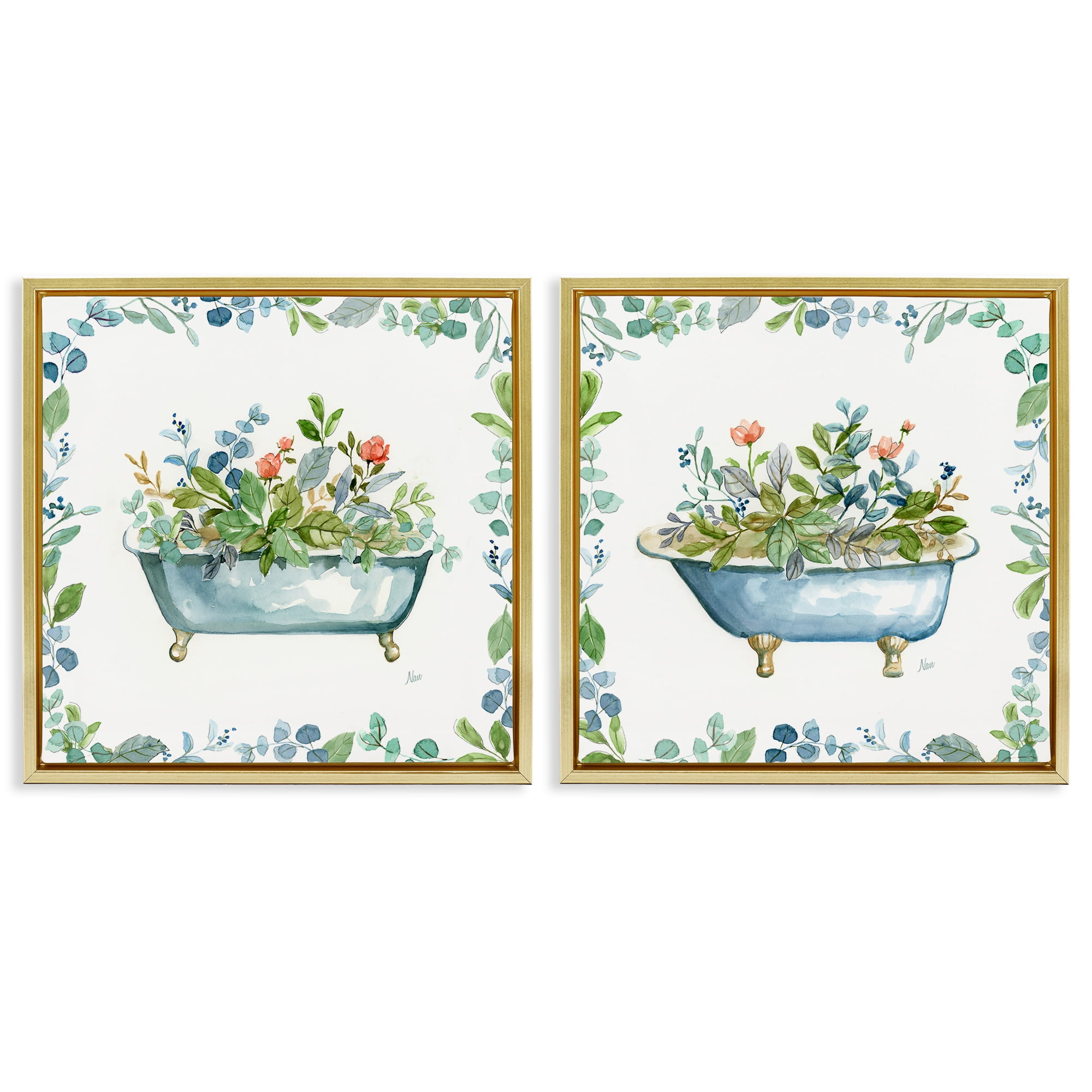 Stupell Industries Charming Flower Filled Tub Bath & Laundry Painting Gold Floater Framed Canvas Art Print Wall Art, 25 x 25, Set of 2
