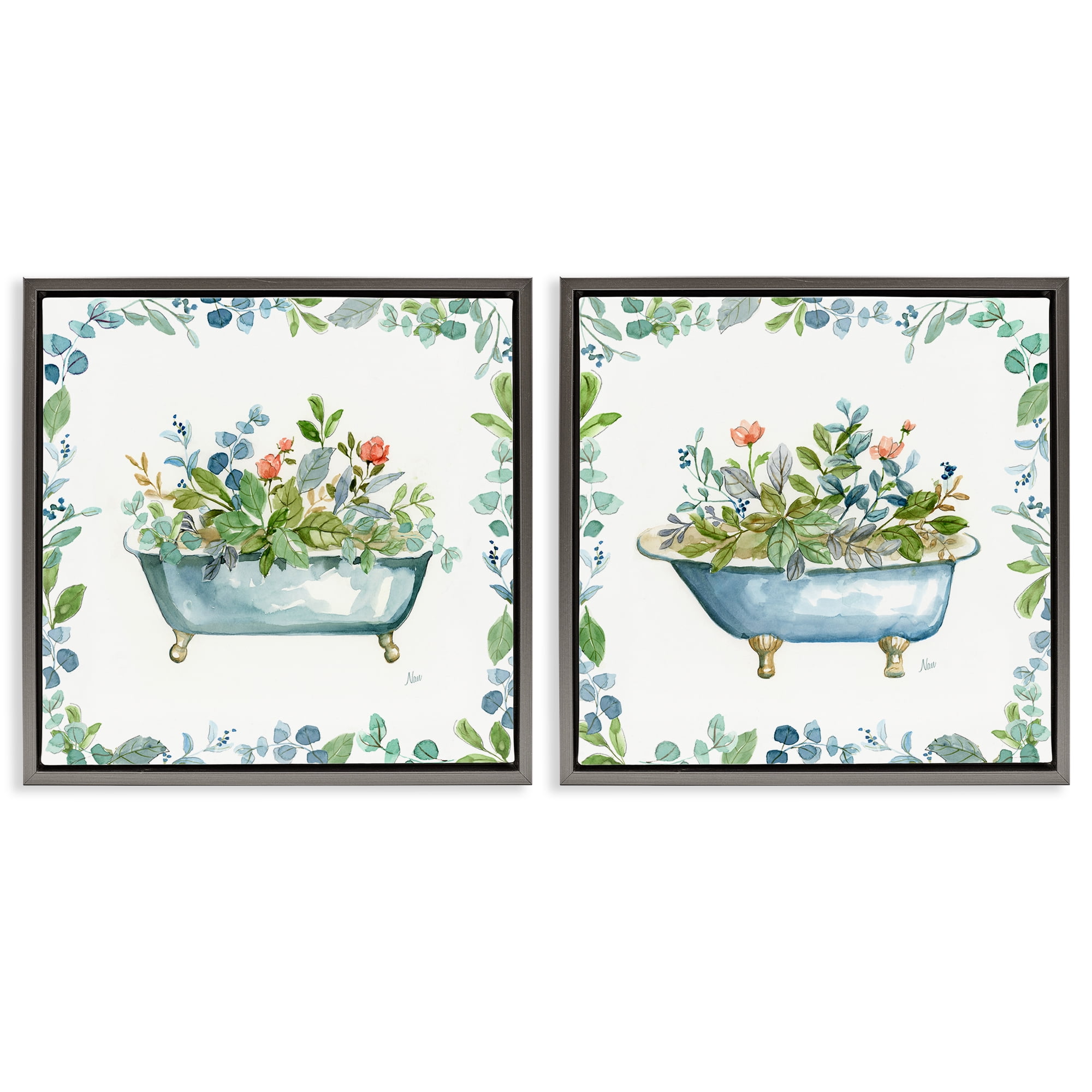 Stupell Industries Charming Flower Filled Tub Bath & Laundry Painting Gray Floater Framed Canvas Art Print Wall Art, 25 x 25, Set of 2