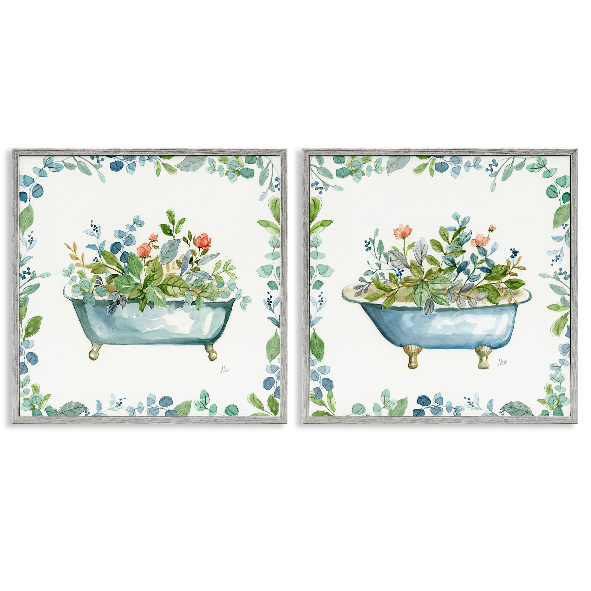 Stupell Industries Charming Flower Filled Tub Bath & Laundry Painting Gray Framed Art Print Wall Art, 24 x 24, Set of 2