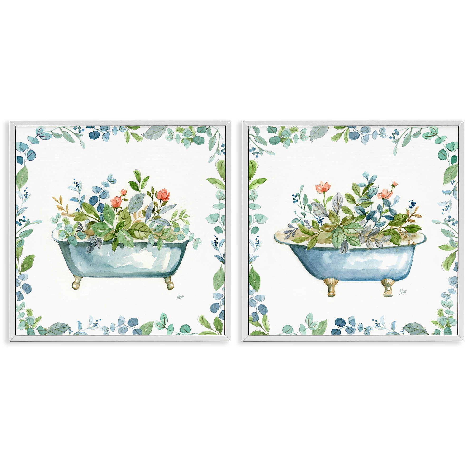 Stupell Industries Charming Flower Filled Tub Bath & Laundry Painting White Framed Art Print Wall Art, 12 x 12, Set of 2