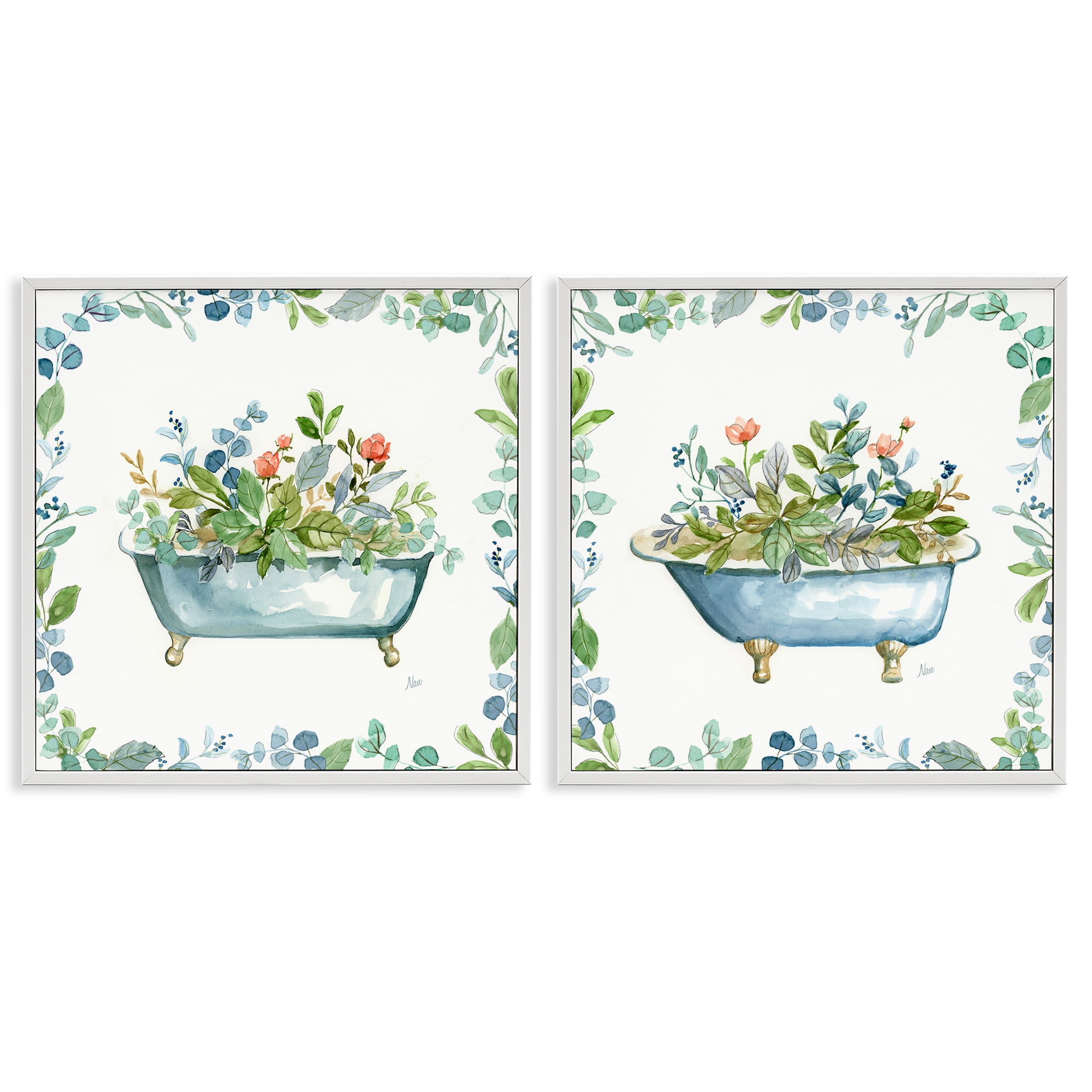 Stupell Industries Charming Flower Filled Tub Bath & Laundry Painting White Framed Art Print Wall Art, 24 x 24, Set of 2