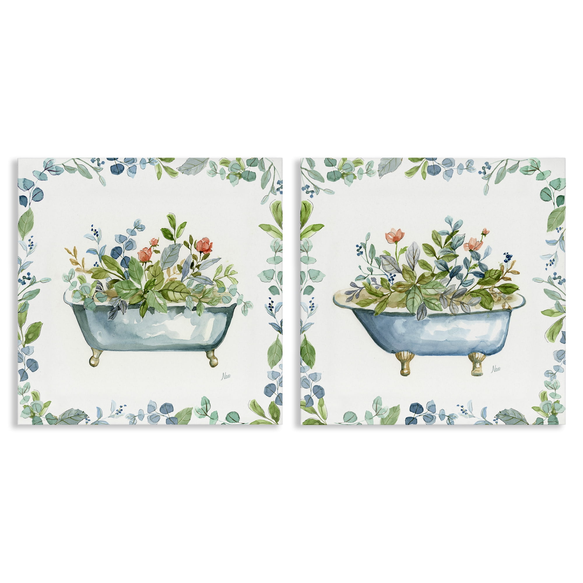 Stupell Industries Charming Flower Filled Tub Bath & Laundry Painting Wrapped Canvas Art Print Wall Art, 17 x 17, Set of 2