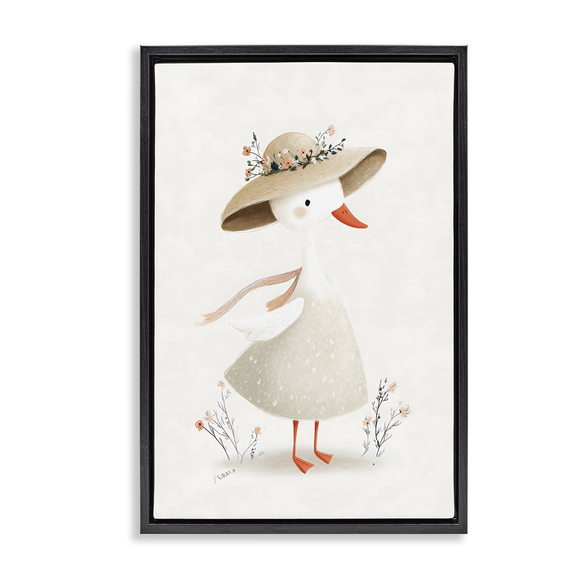 Stupell Industries Charming Goose in Sunhat Black Framed Floater Canvas Wall Art, design by Ink Drop Loft