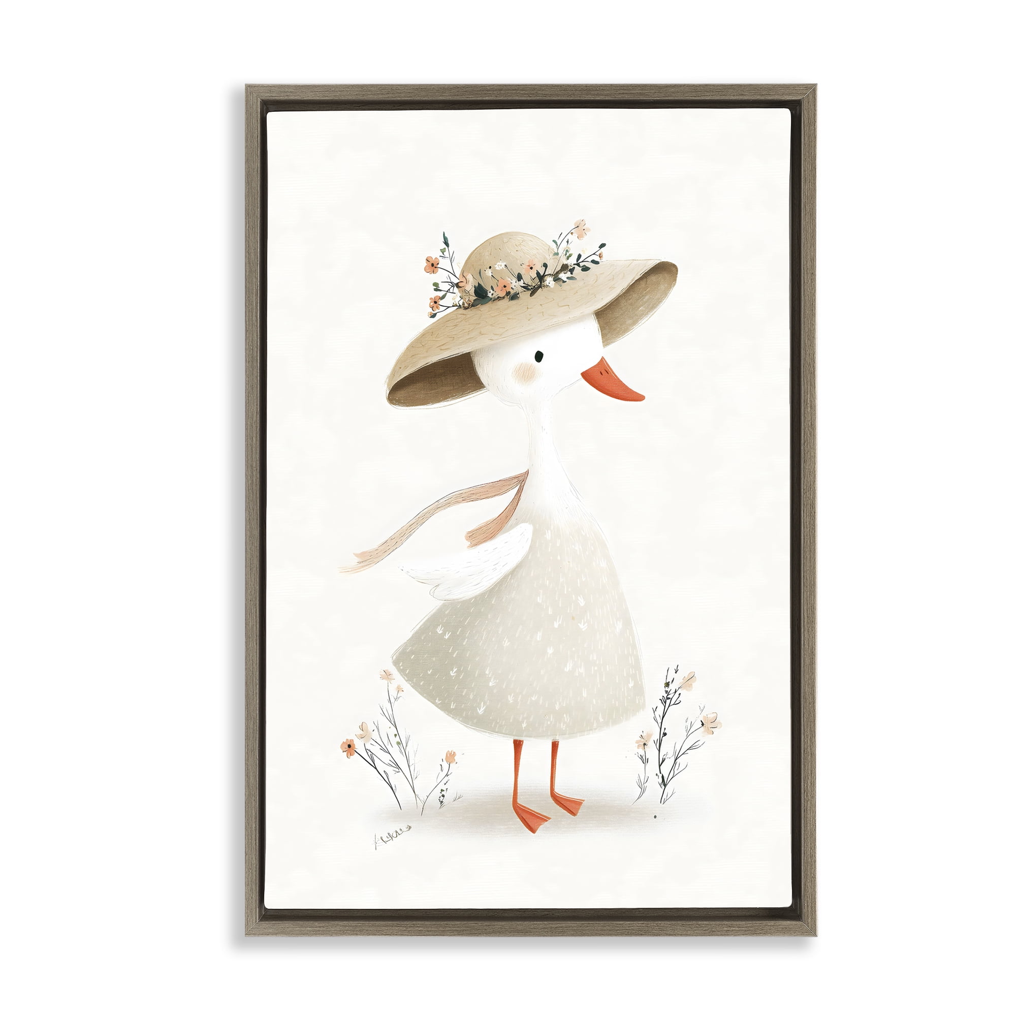 Stupell Industries Charming Goose in Sunhat Brown Framed Floater Canvas Wall Art, design by Ink Drop Loft