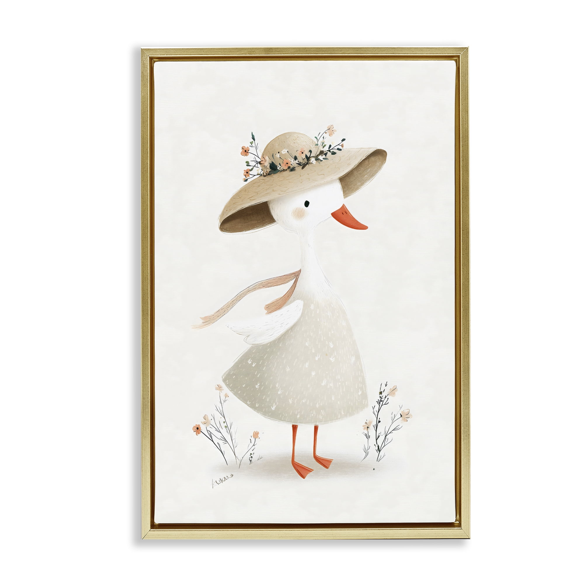 Stupell Industries Charming Goose in Sunhat Gold Framed Floater Canvas Wall Art, design by Ink Drop Loft