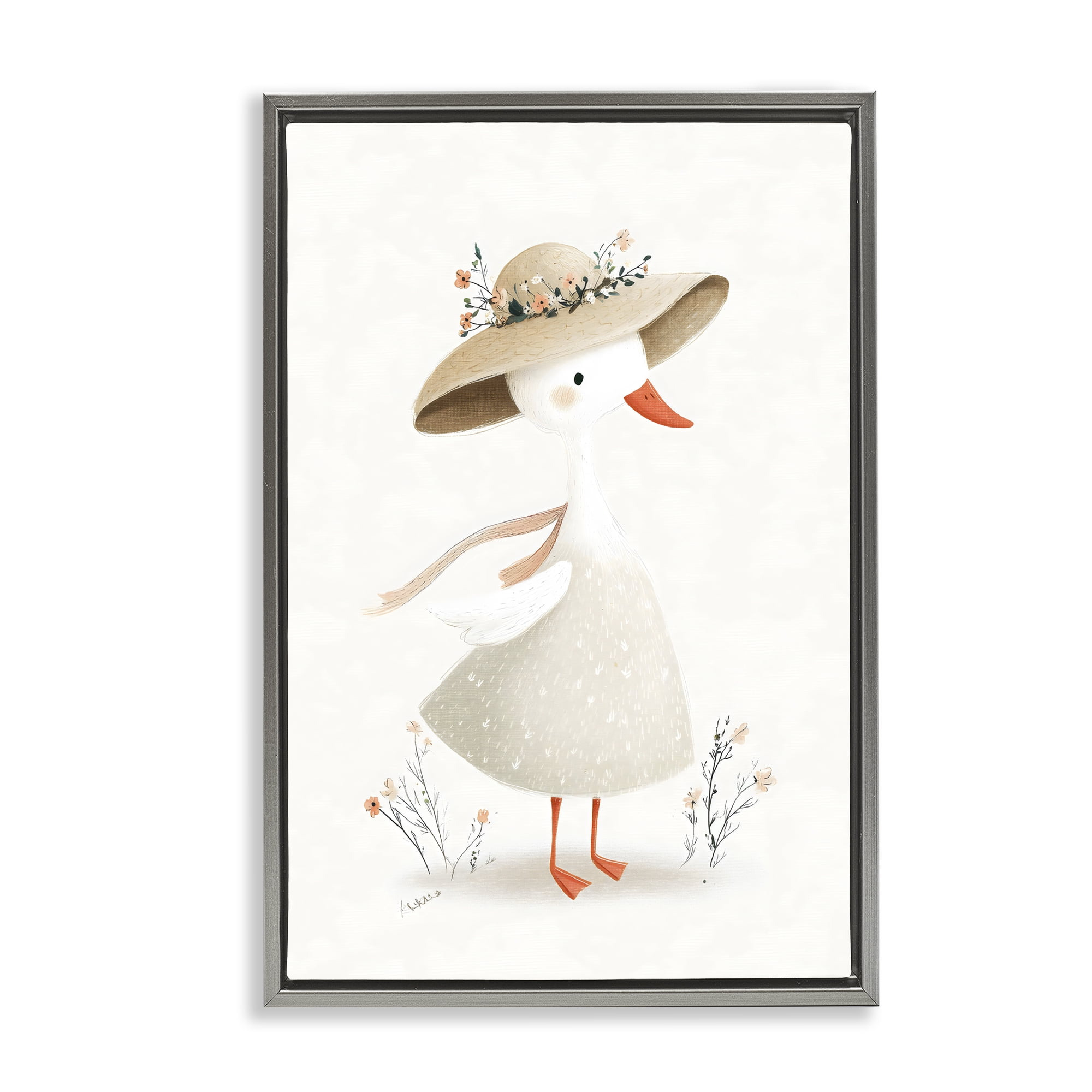 Stupell Industries Charming Goose in Sunhat Gray Framed Floater Canvas Wall Art, design by Ink Drop Loft