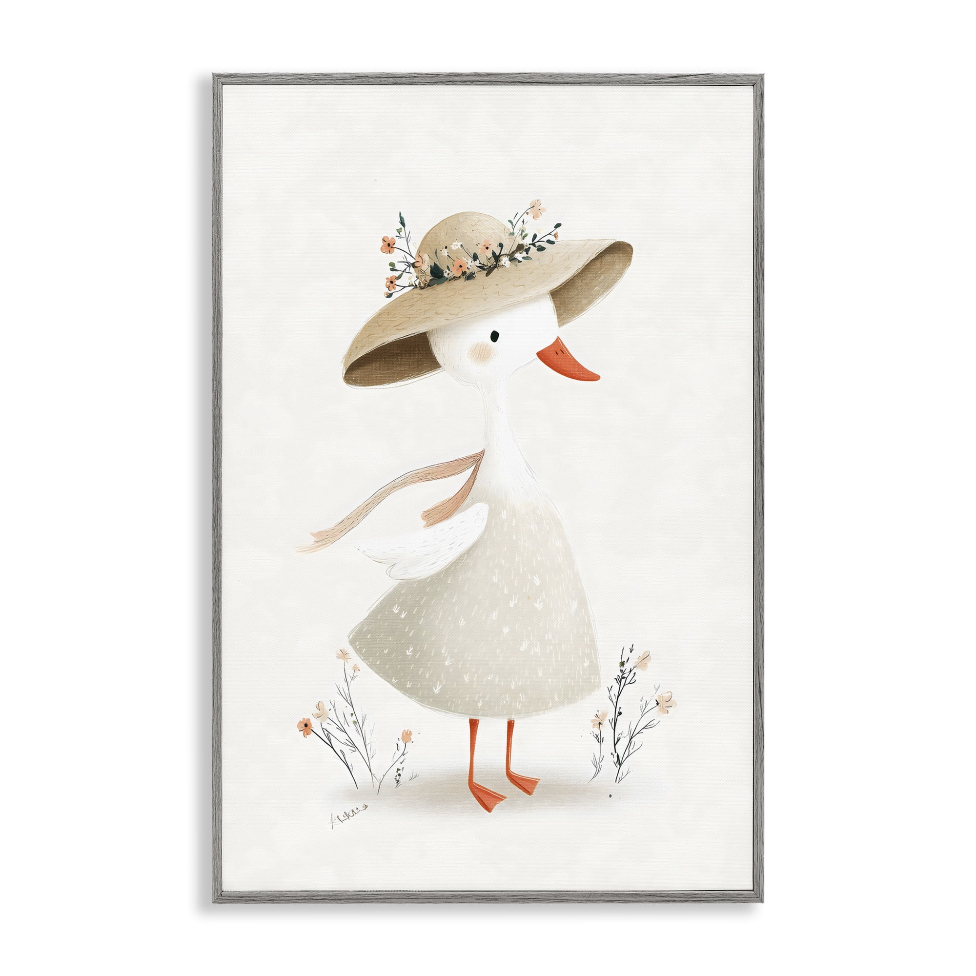 Stupell Industries Charming Goose in Sunhat Gray Framed Giclee Art, design by Ink Drop Loft