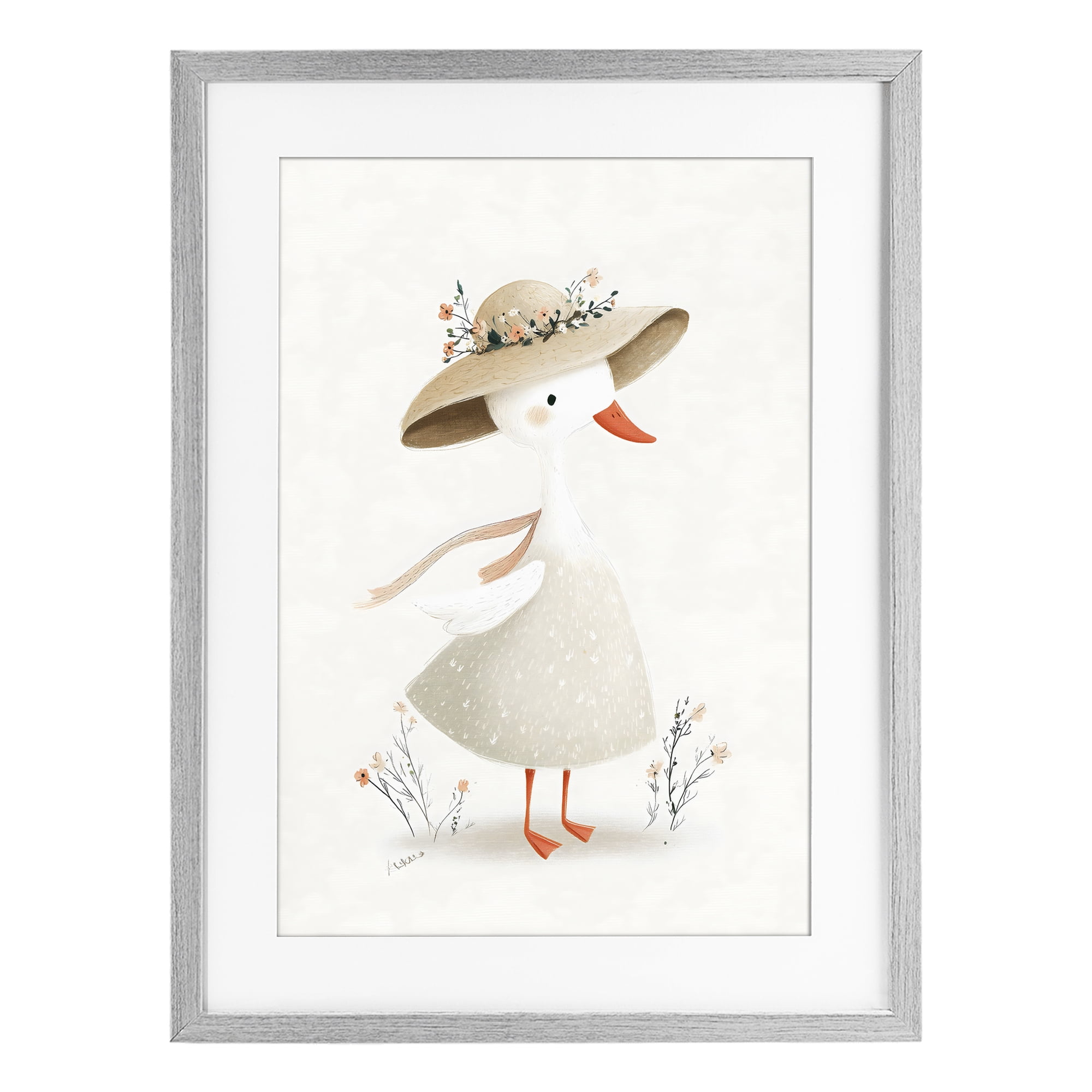 Stupell Industries Charming Goose in Sunhat Gray Framed Print Under Glass, design by Ink Drop Loft