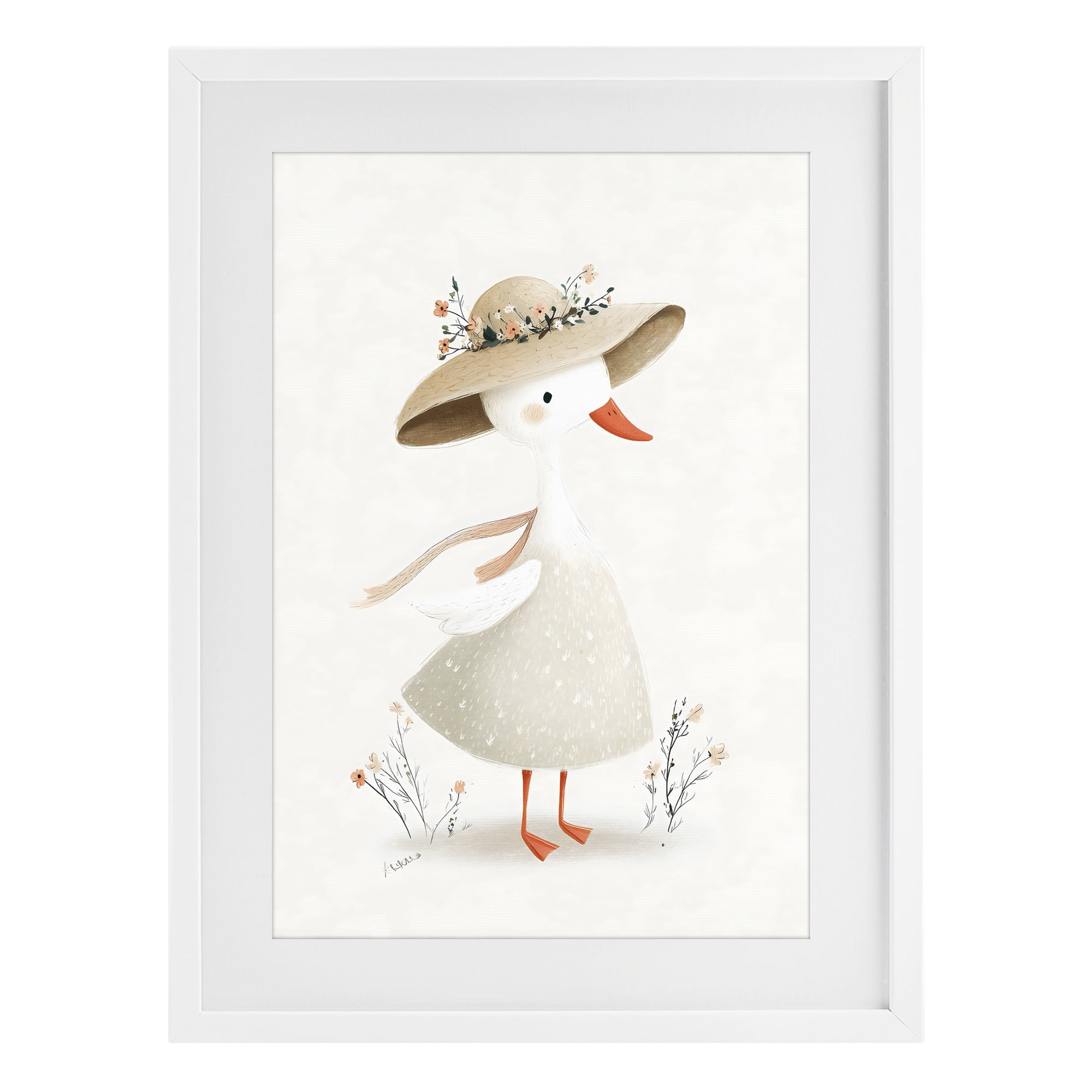 Stupell Industries Charming Goose in Sunhat White Framed Print Under Glass, design by Ink Drop Loft