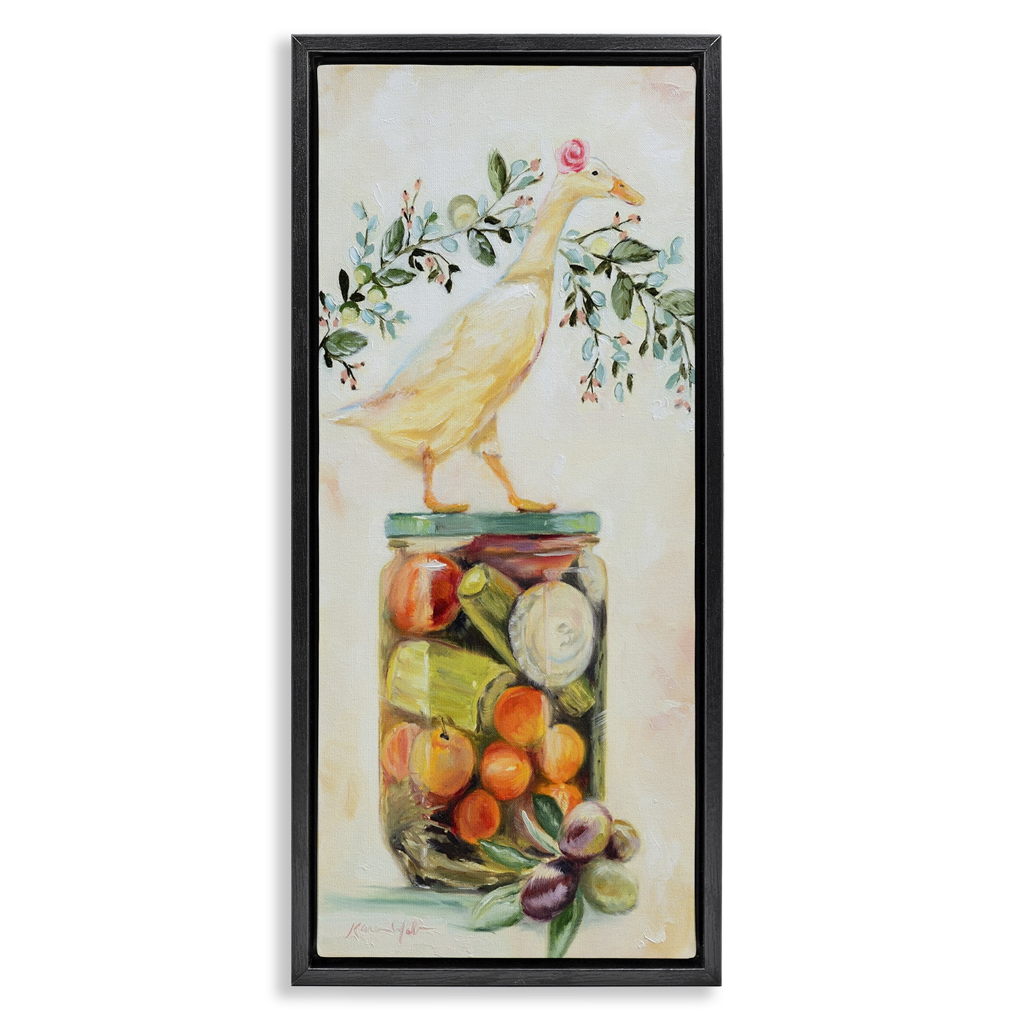 Stupell Industries Charming Goose on Vegetable Jar Animals & Insects Painting Black Floater Framed Canvas Art Print Wall Art, 15 x 31