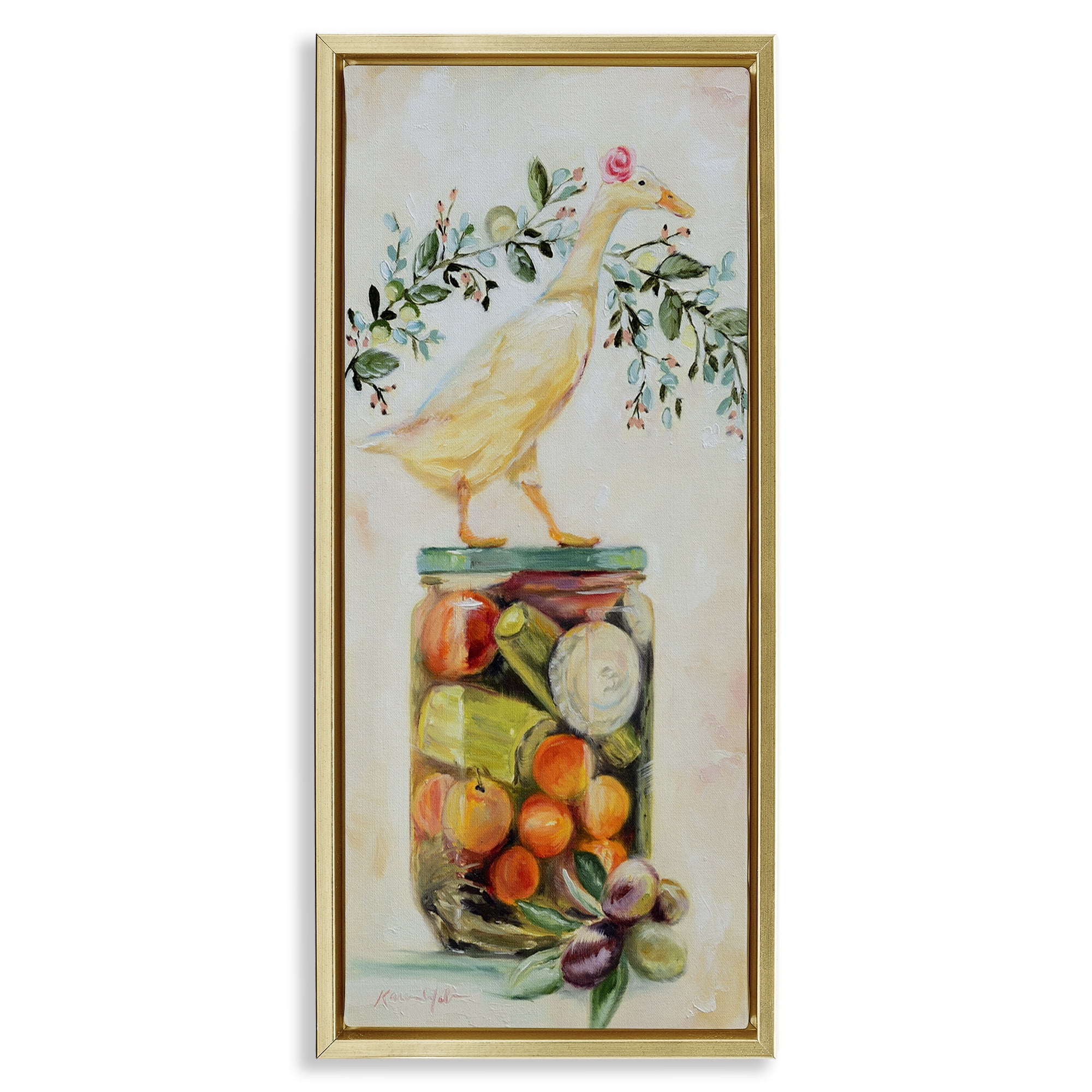 Stupell Industries Charming Goose on Vegetable Jar Animals & Insects Painting Gold Floater Framed Canvas Art Print Wall Art, 15 x 31