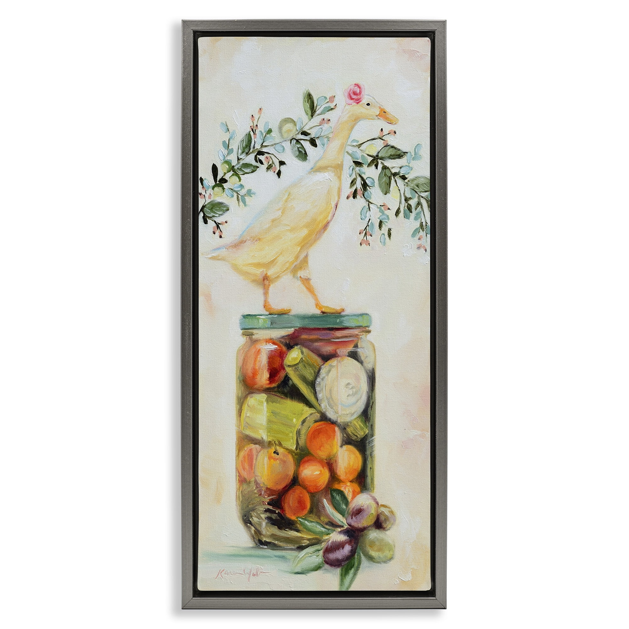 Stupell Industries Charming Goose on Vegetable Jar Animals & Insects Painting Gray Floater Framed Canvas Art Print Wall Art, 15 x 31