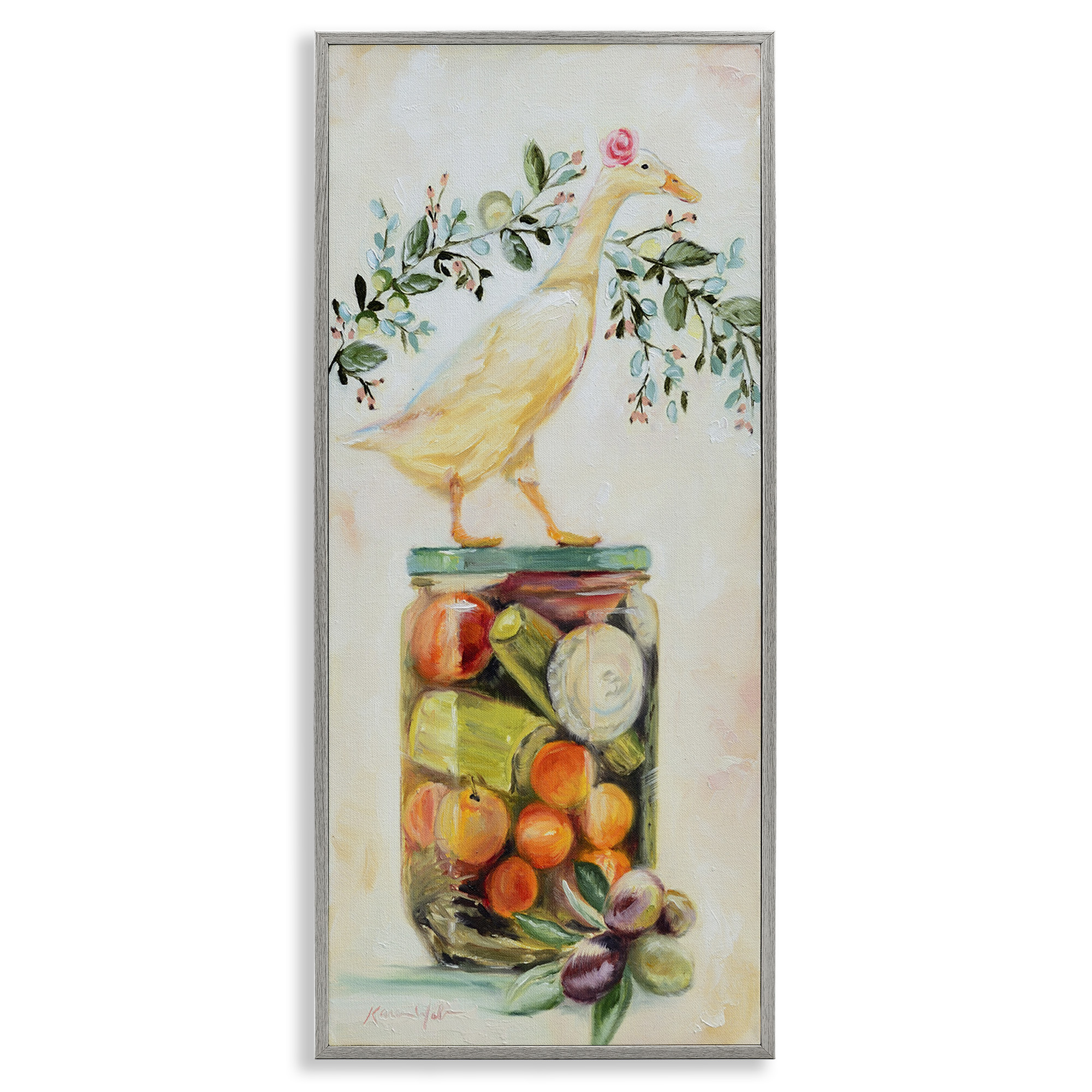 Stupell Industries Charming Goose on Vegetable Jar Animals & Insects Painting Gray Framed Art Print Wall Art, 10 x 24