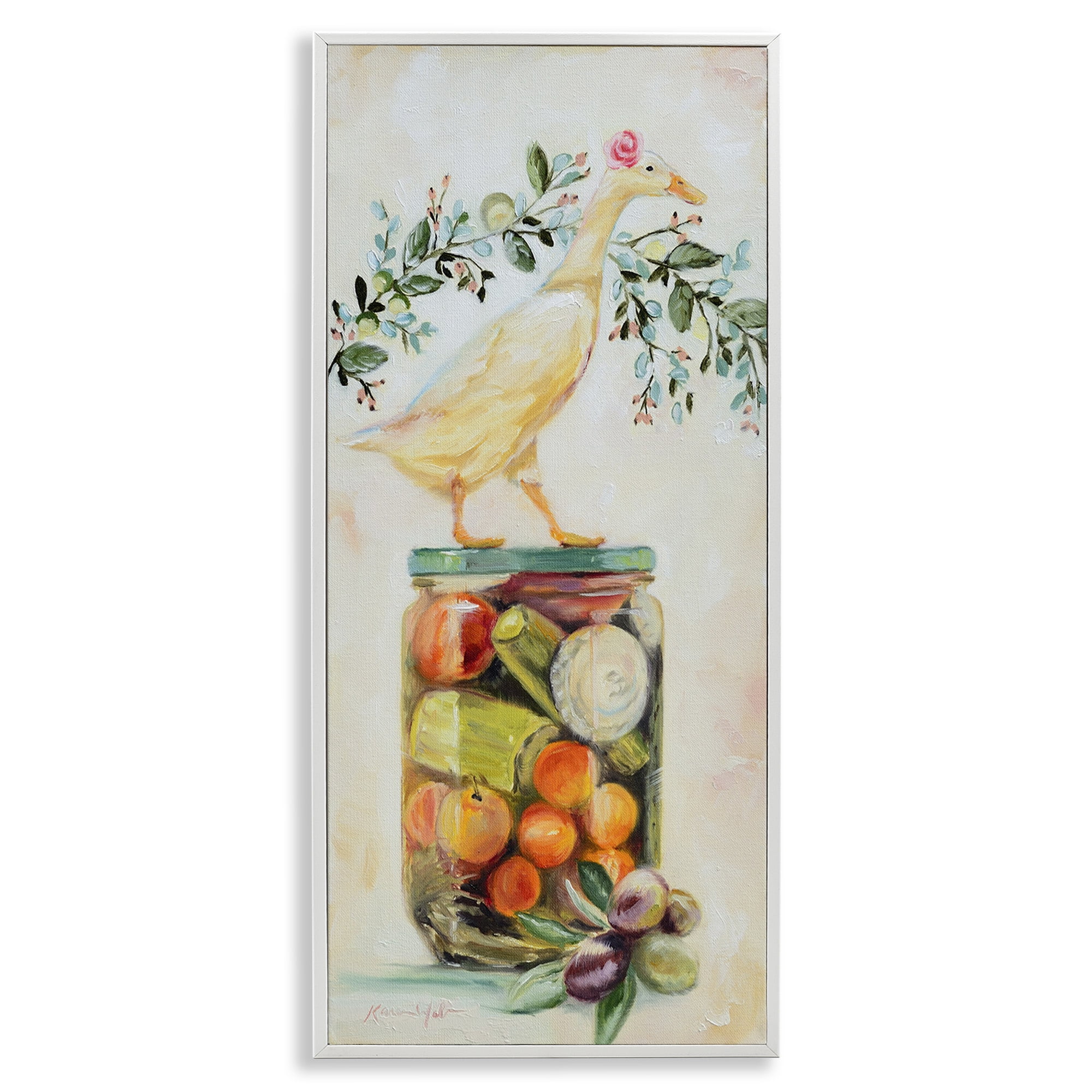 Stupell Industries Charming Goose on Vegetable Jar Animals & Insects Painting White Framed Art Print Wall Art, 10 x 24