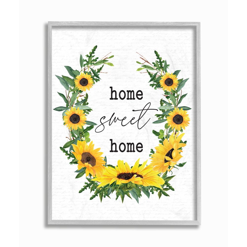 Stupell Industries Charming Home Sweet Home Sign Sunflower Wreath Framed Wall Art Design by Lettered and Lined, 11" x 14", Gray Framed
