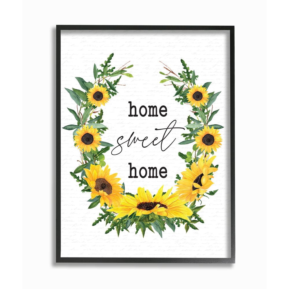 Stupell Industries Charming Home Sweet Home Sign Sunflower Wreath Framed Wall Art Design by Lettered and Lined, 24" x 30", Black Framed