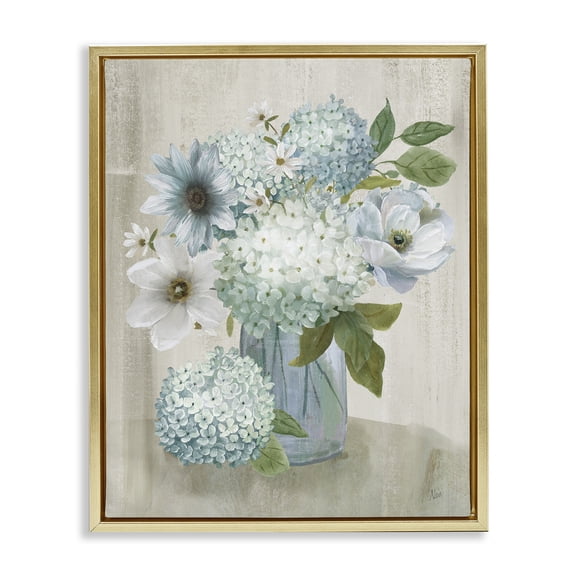 Stupell Industries Charming Hydrangea & Blossoms Floral Painting Gold Floater Framed Canvas Art Print Wall Art, 17 x 21
