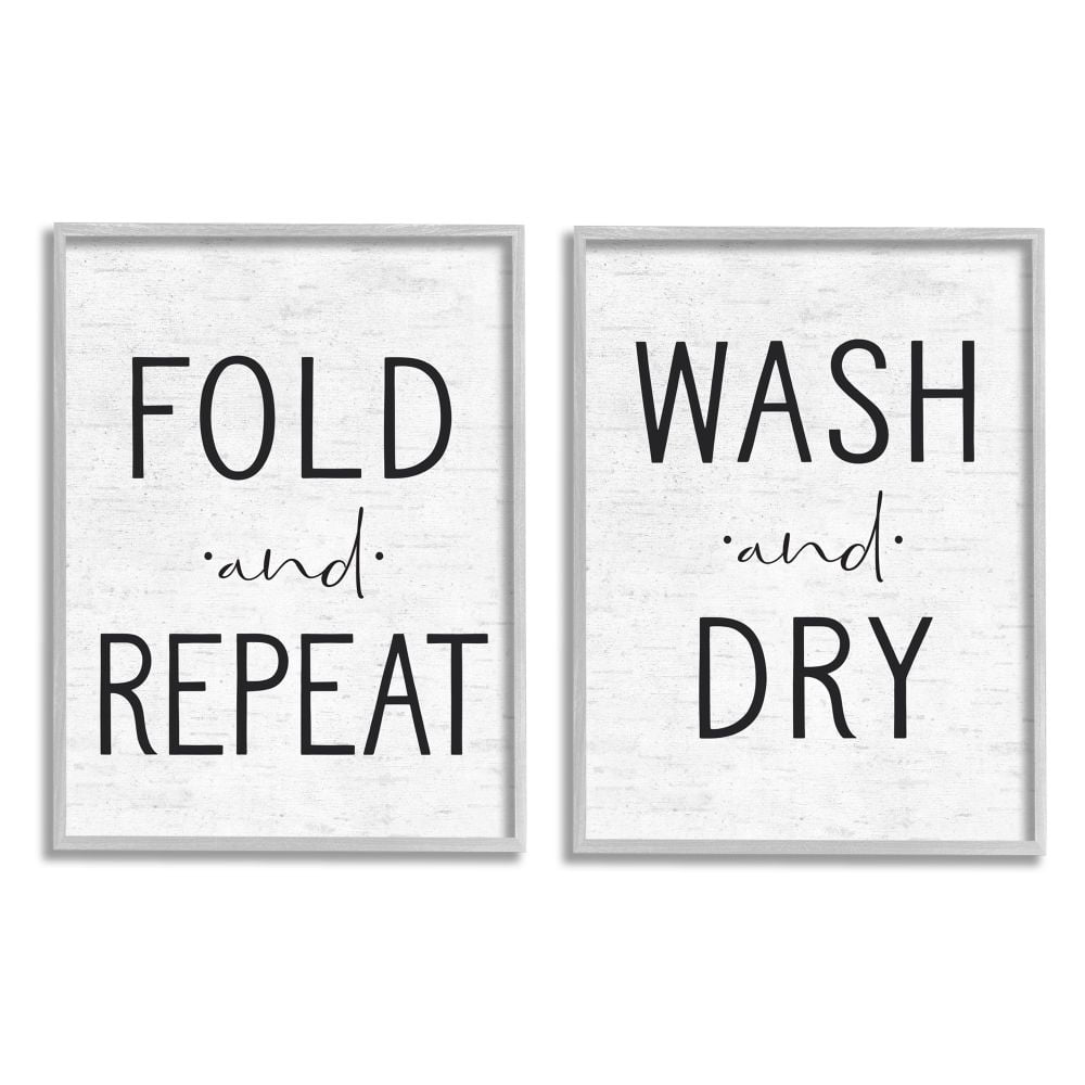 Stupell Industries Charming Laundry Fold Repeat Wash Dry Sign Framed Wall Art Design by Lettered and Lined, 2 Piece, 11" x 14", Gray Framed
