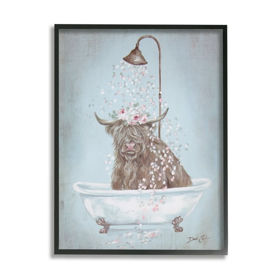 Stupell Industries Charming Longhorn Cattle Cow Bathtub Flower Petals Framed Wall Art, 16 x 20, Design by Debi Coules