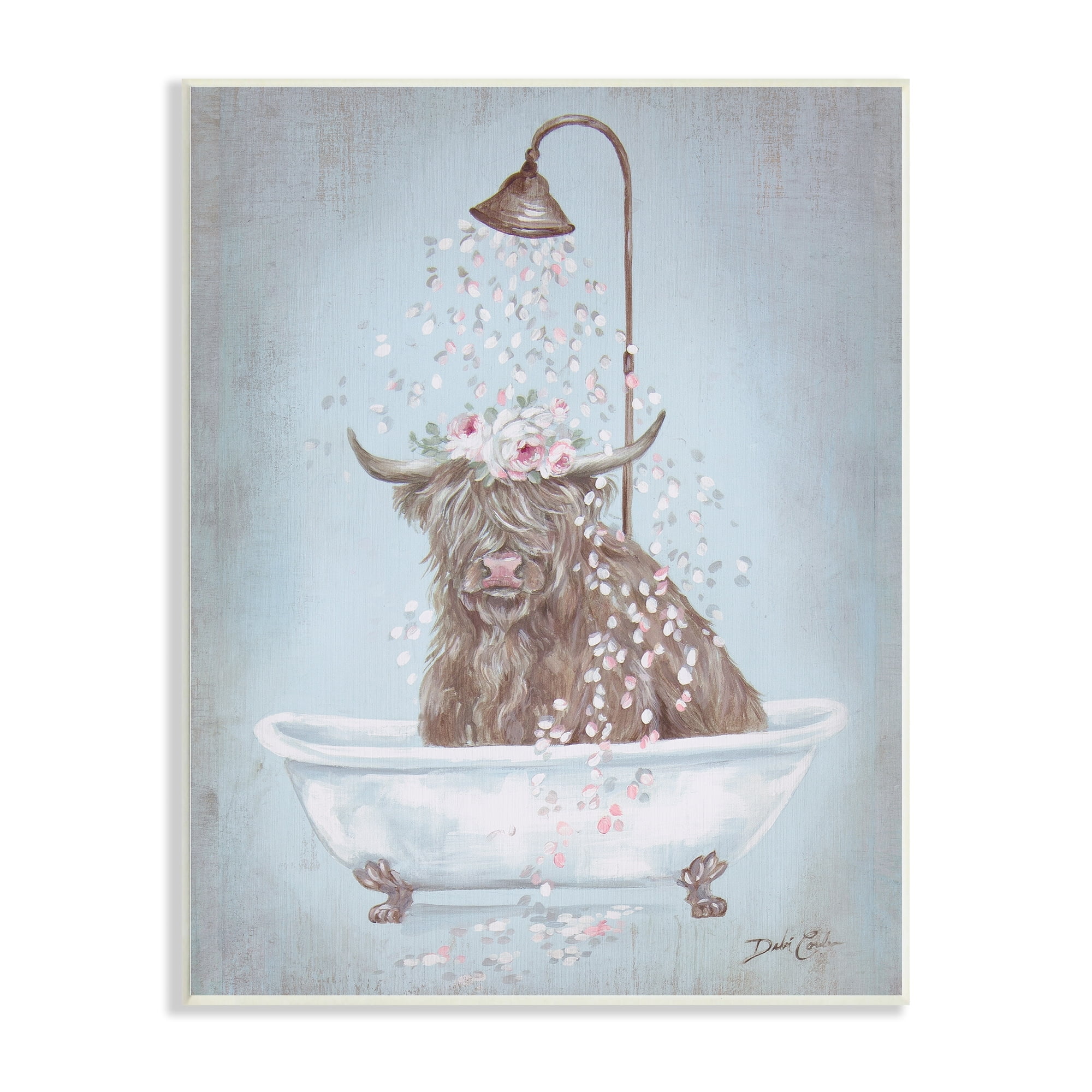 Charming Longhorn Cattle in Bathtub Floral Wall Art, 13 x 19, MDF
