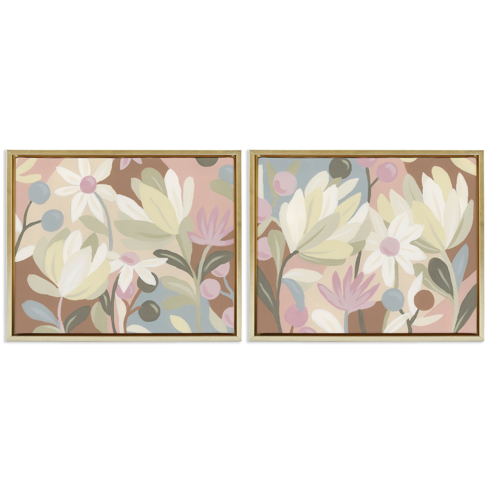 Stupell Industries Charming Muted Foliage Plants & Flowers Painting Gold Floater Framed Canvas Art Print Wall Art, 21 x 17, Set of 2
