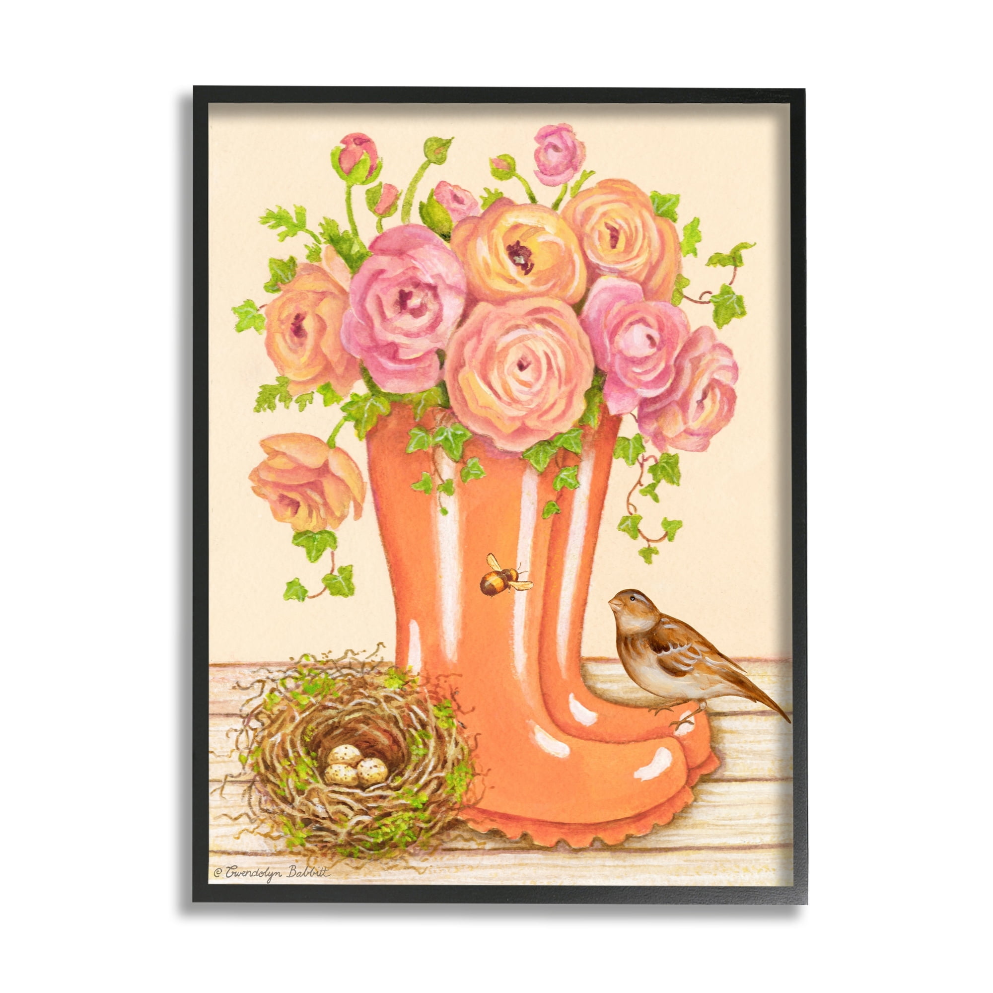 Stupell Industries Charming Orange Rainboots Pink Rose Bouquet Black Framed by Gwendolyn Babbitt