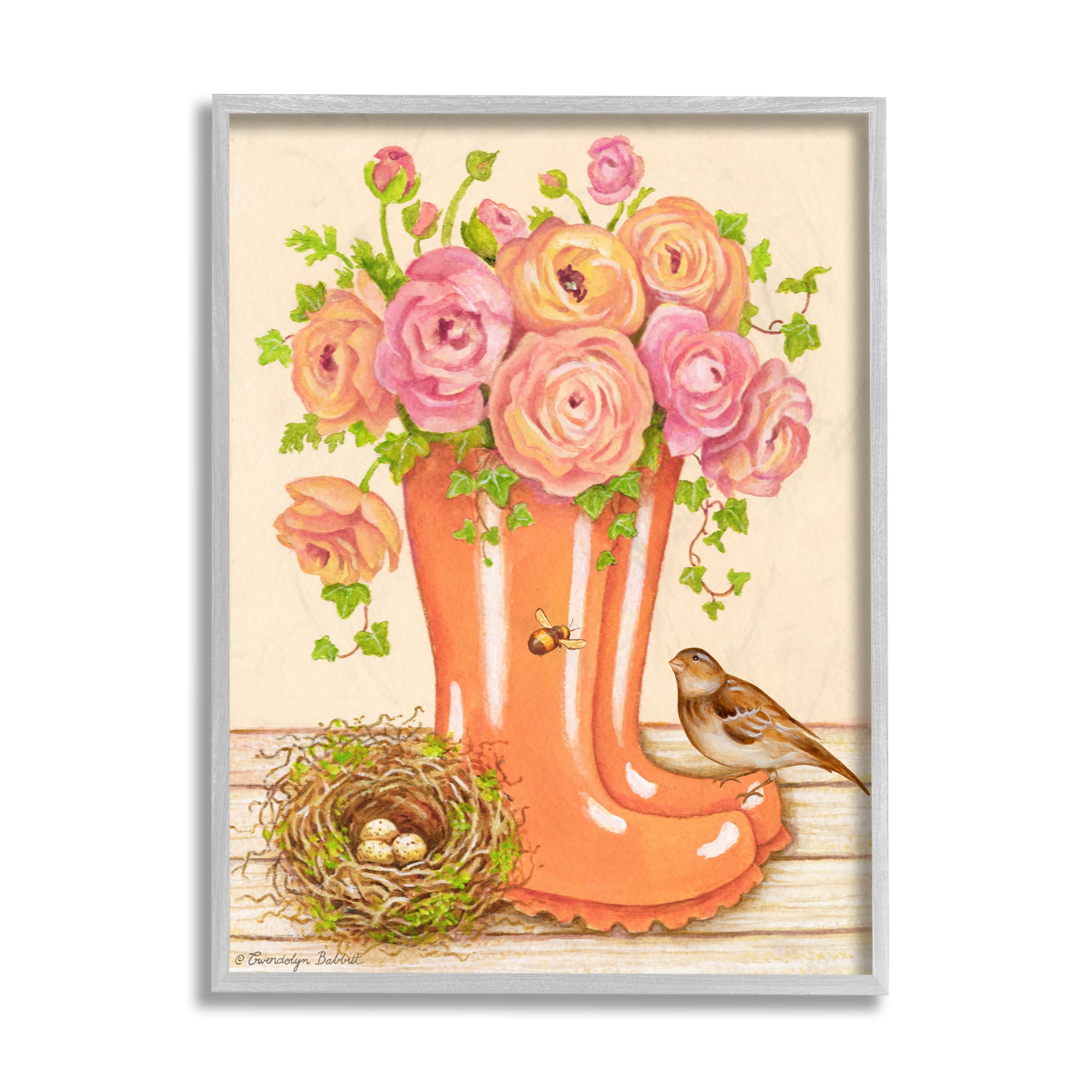 Stupell Industries Charming Orange Rainboots Pink Rose Bouquet Gray Framed by Gwendolyn Babbitt