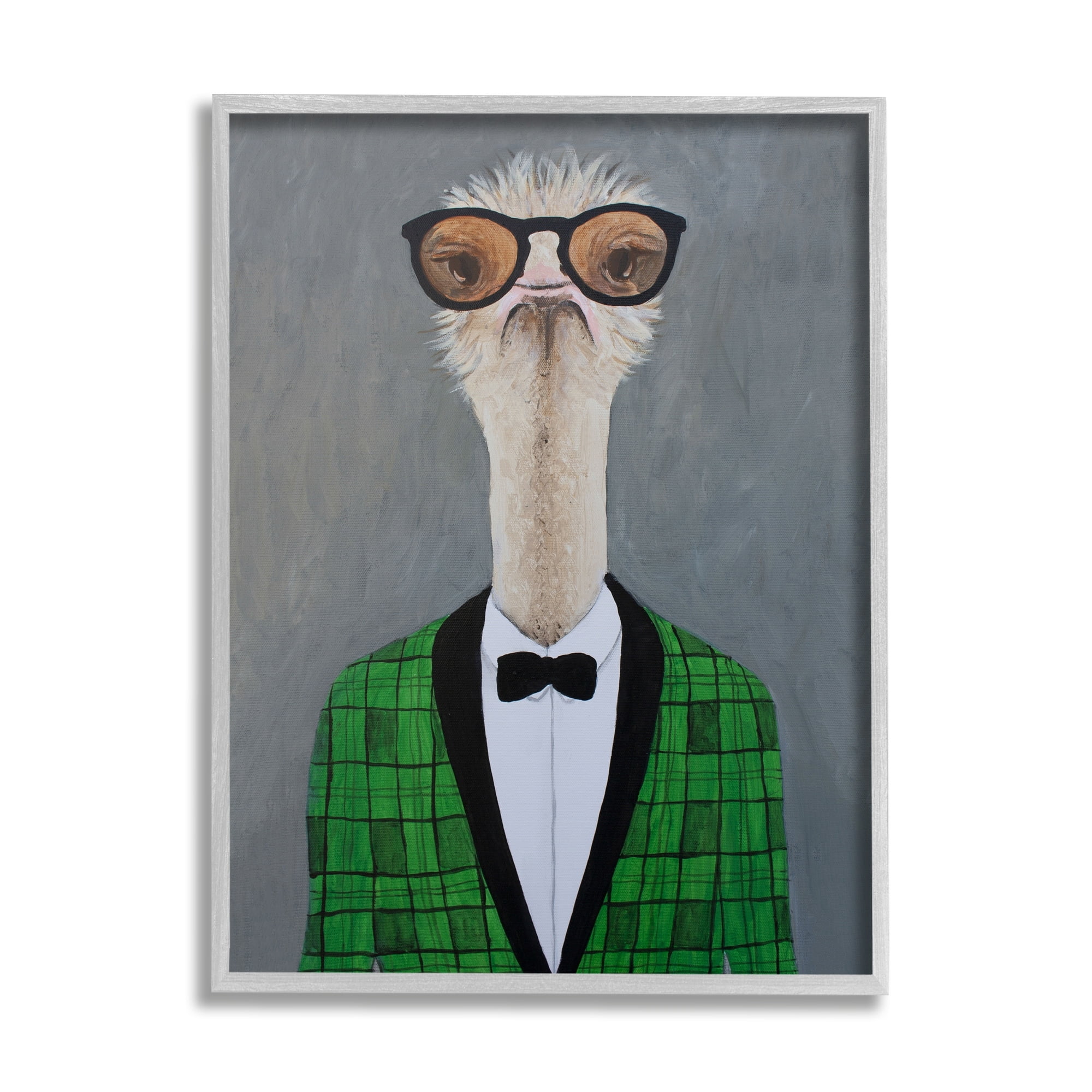 Stupell Industries Charming Ostrich Bird Bowtie Sunglasses Green Cardigan Paintings Gray Framed Art Print Wall Art, 24x30, by Coco de Paris
