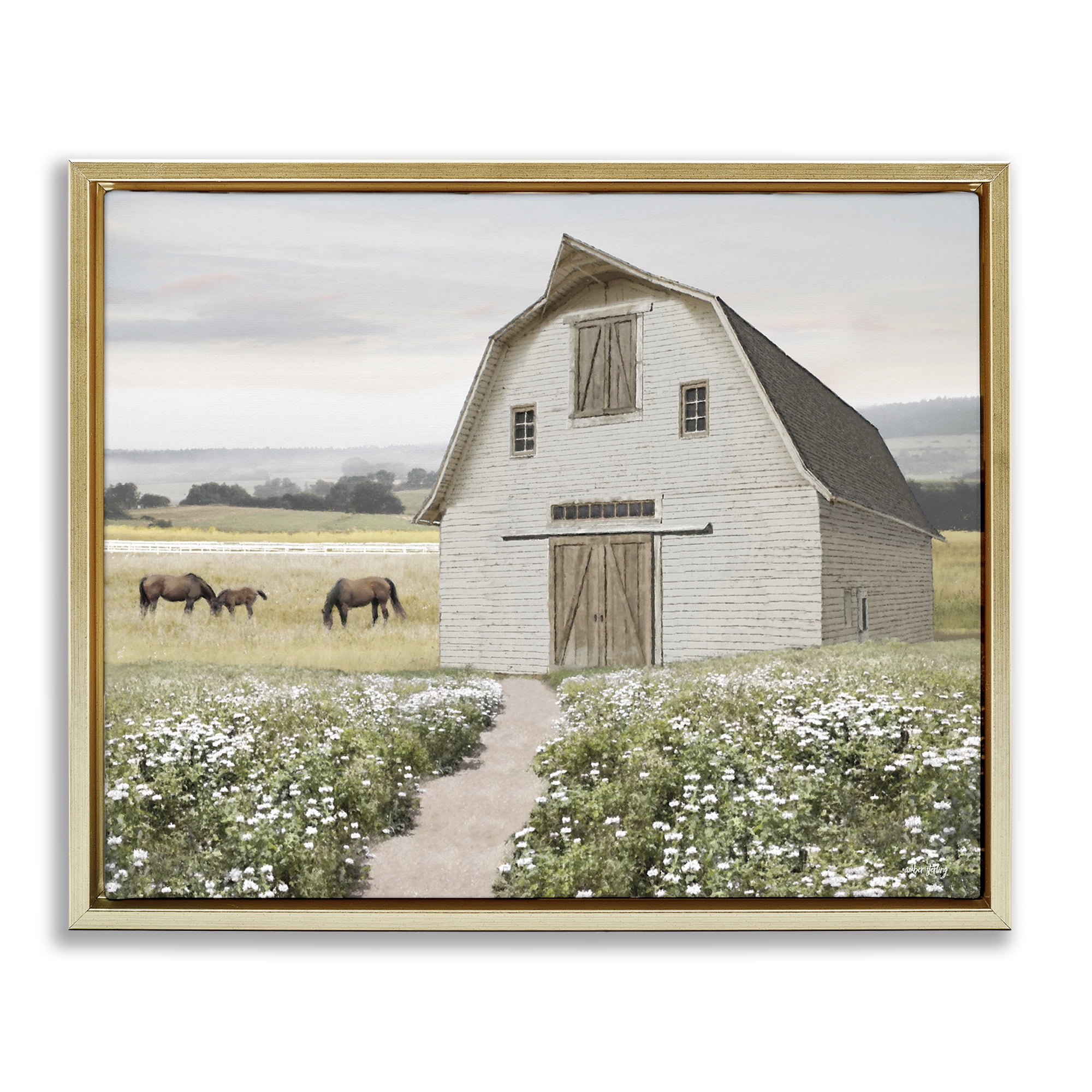 Stupell Industries Charming Path to Barn Landscape & Nature Painting Gold Floater Framed Canvas Art Print Wall Art, 21 x 17