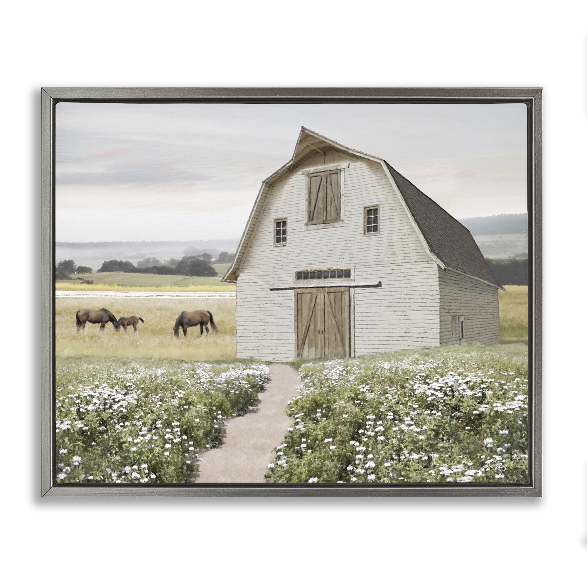 Stupell Industries Charming Path to Barn Landscape & Nature Painting Gray Floater Framed Canvas Art Print Wall Art, 31 x 25
