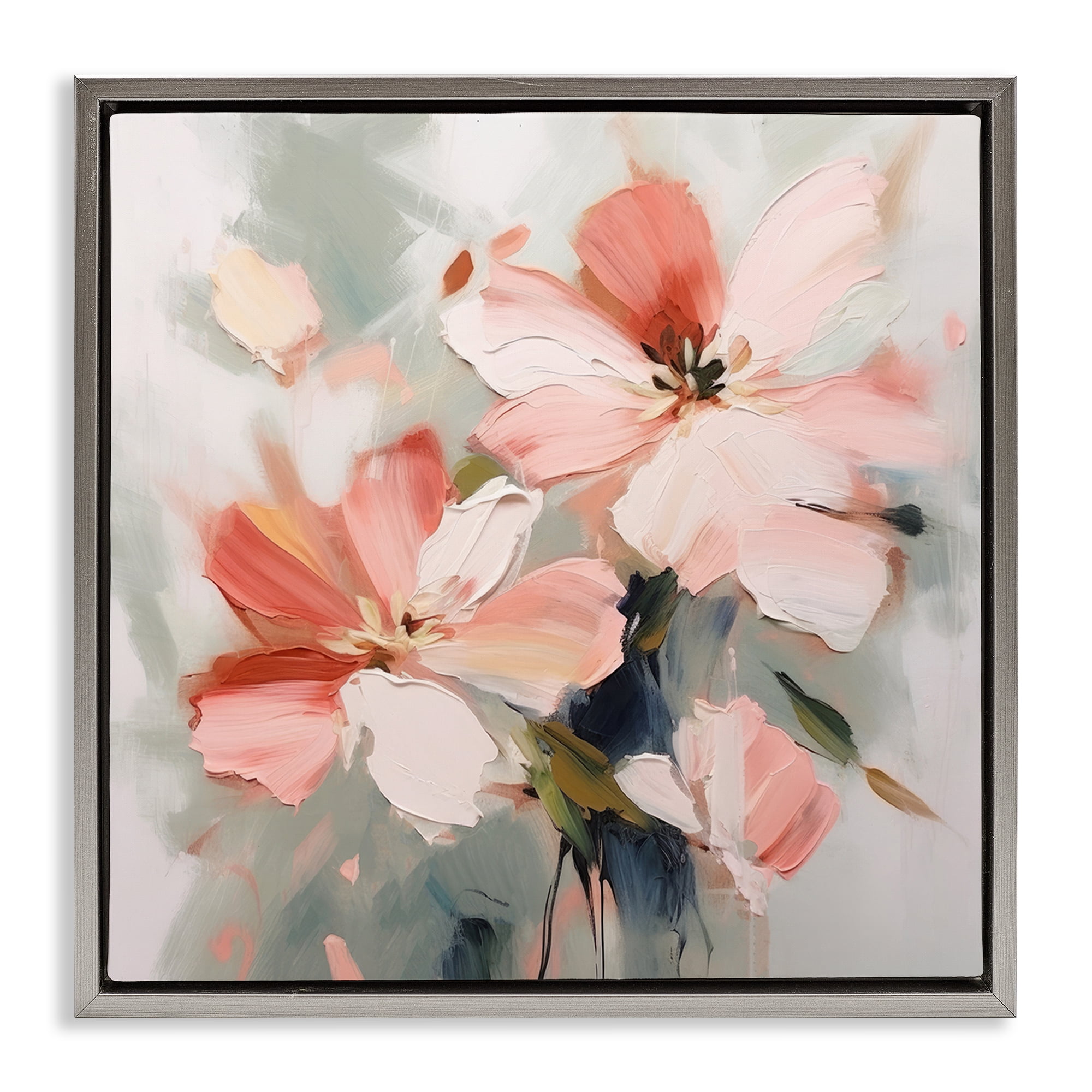 Stupell Industries Charming Pink Blossoms Plants & Flowers Painting Gray Floater Framed Canvas Art Print Wall Art, 18 x 18