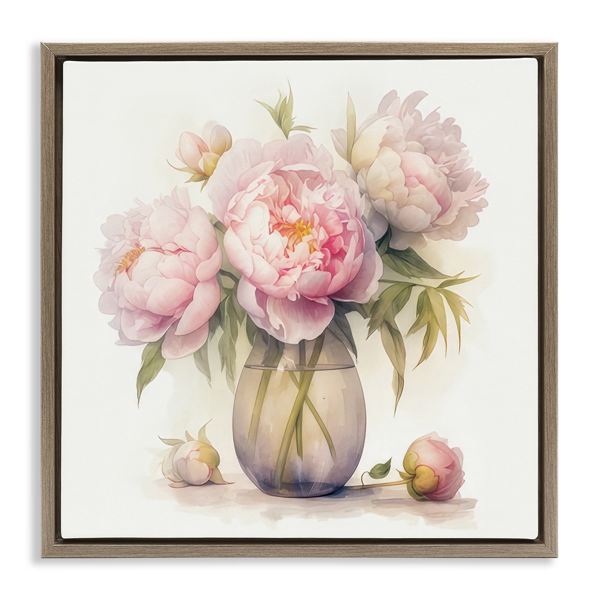 Stupell Industries Charming Pink Peonies Plants & Flowers Painting Brown Floater Framed Canvas Art Print Wall Art, 18 x 18