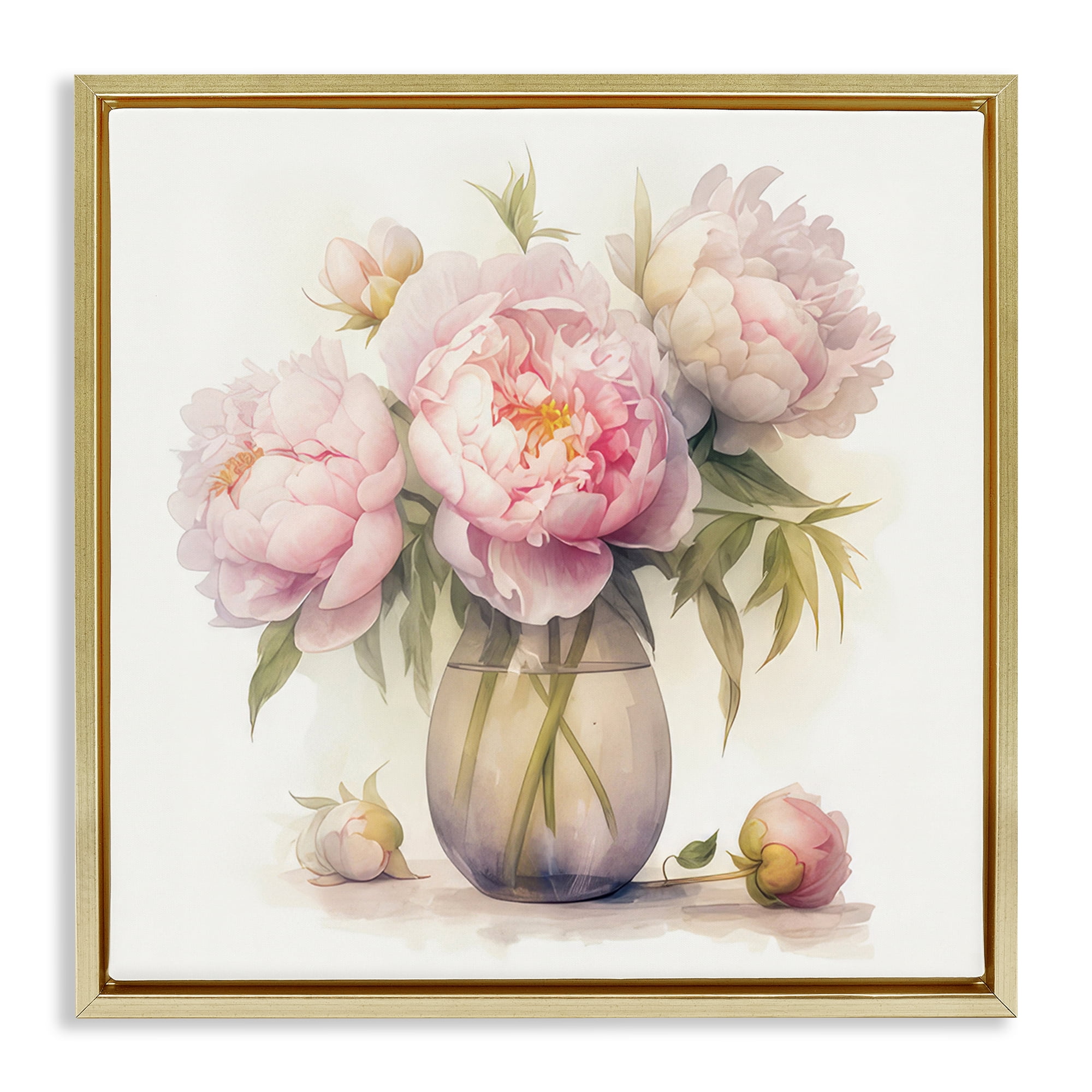 Stupell Industries Charming Pink Peonies Plants & Flowers Painting Gold Floater Framed Canvas Art Print Wall Art, 25 x 25