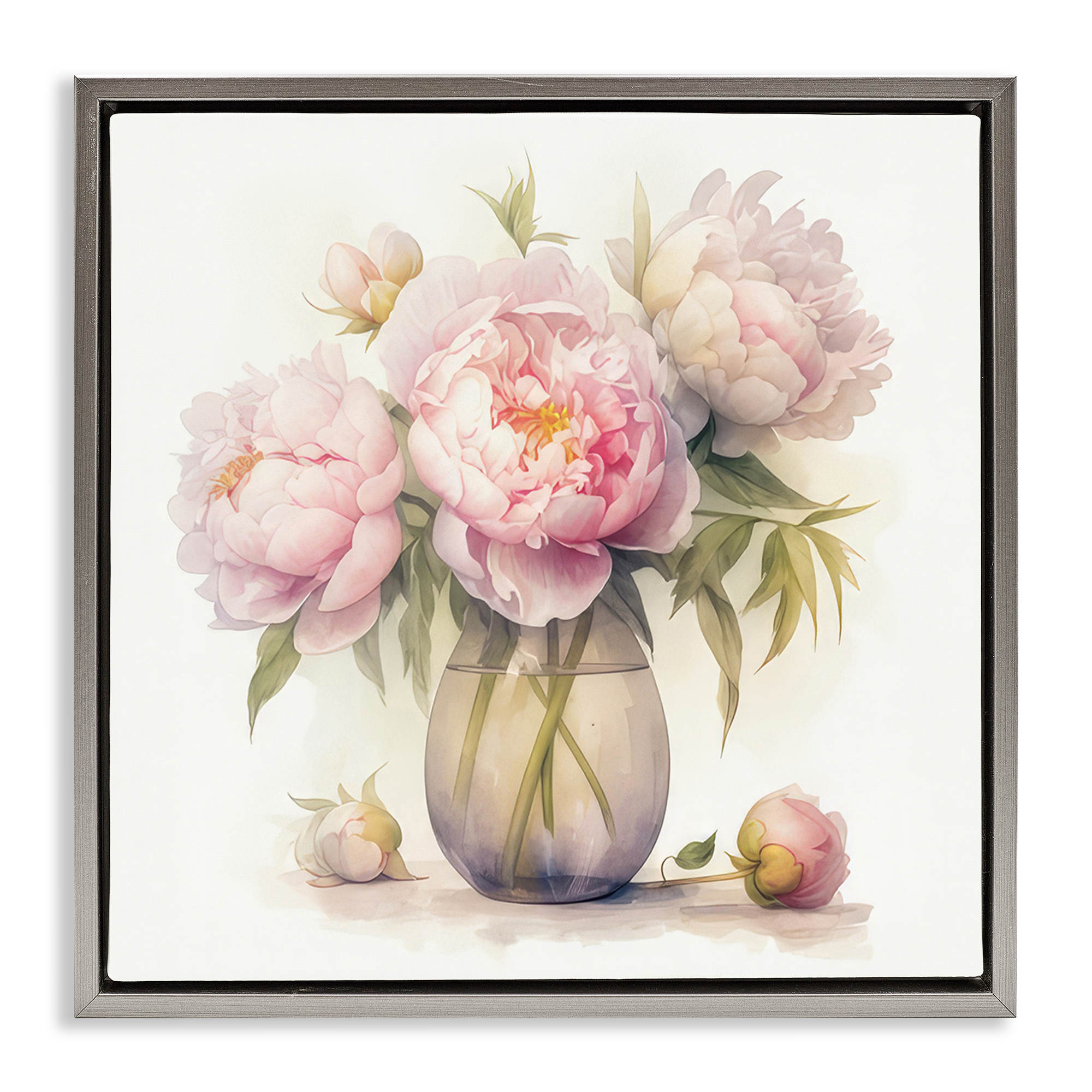 Stupell Industries Charming Pink Peonies Plants & Flowers Painting Gray Floater Framed Canvas Art Print Wall Art, 25 x 25