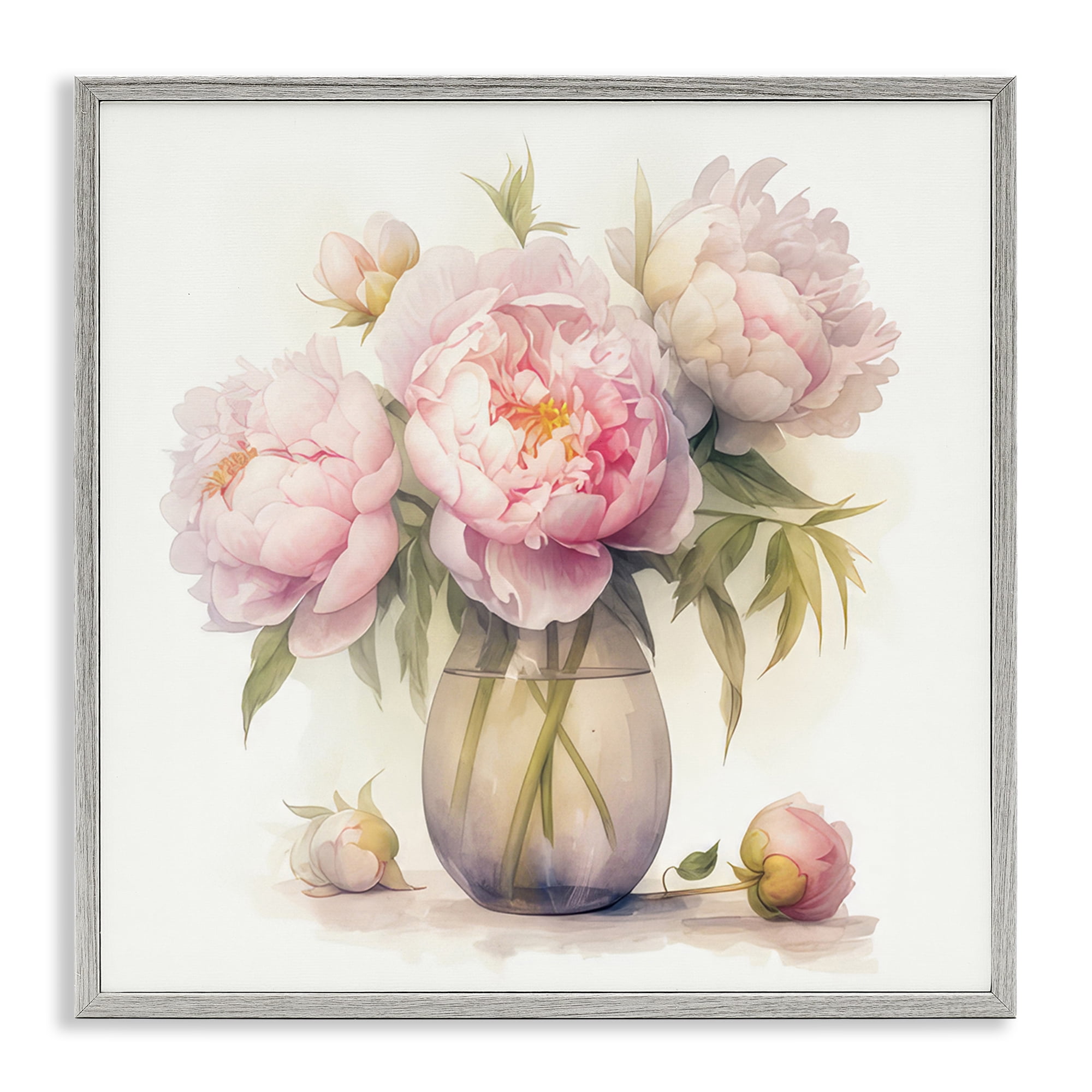 Stupell Industries Charming Pink Peonies Plants & Flowers Painting Gray Framed Art Print Wall Art, 12 x 12