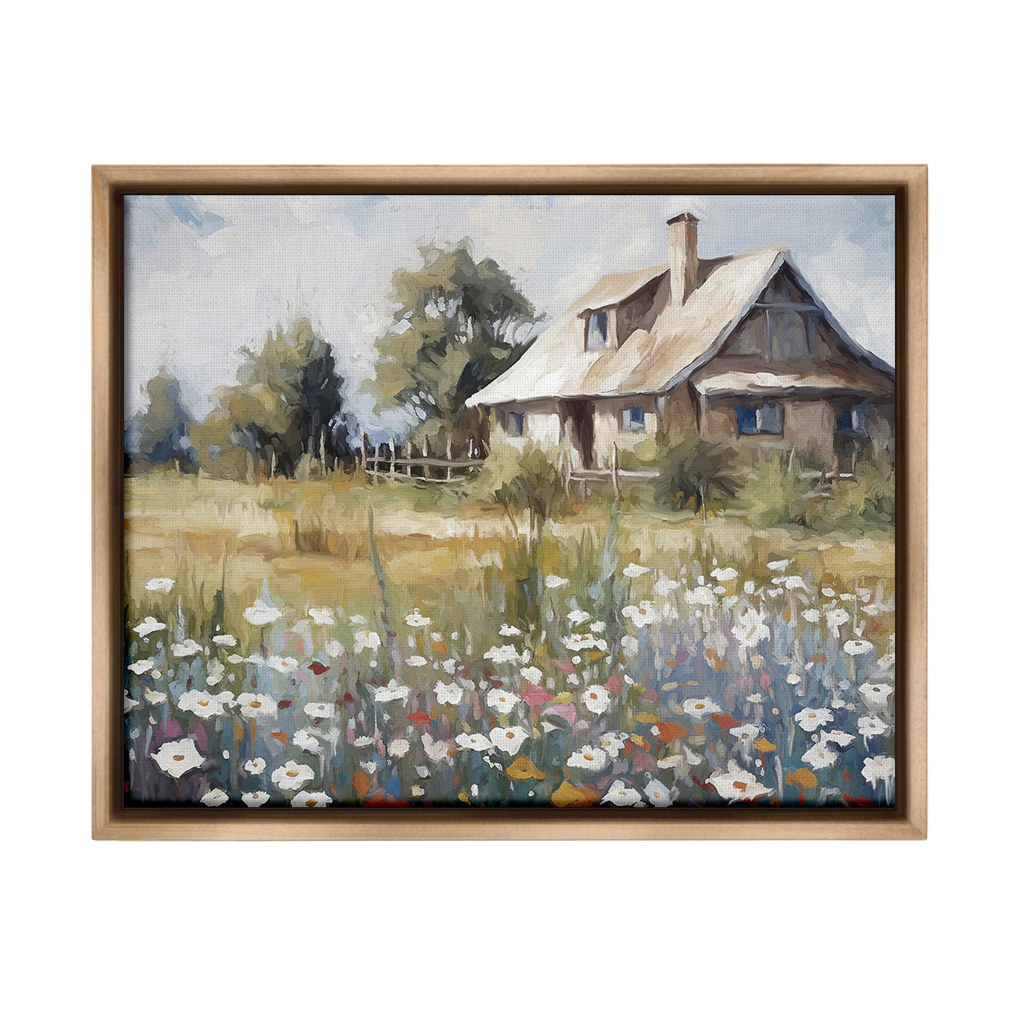 Stupell Industries Charming Prairie Cottage Landscape Painting Brown Floater Framed Canvas Art Print Wall Art, 31 x 25