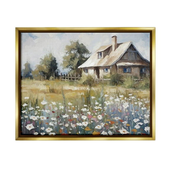 Stupell Industries Charming Prairie Cottage Landscape Painting Gold Floater Framed Canvas Art Print Wall Art, 21 x 17
