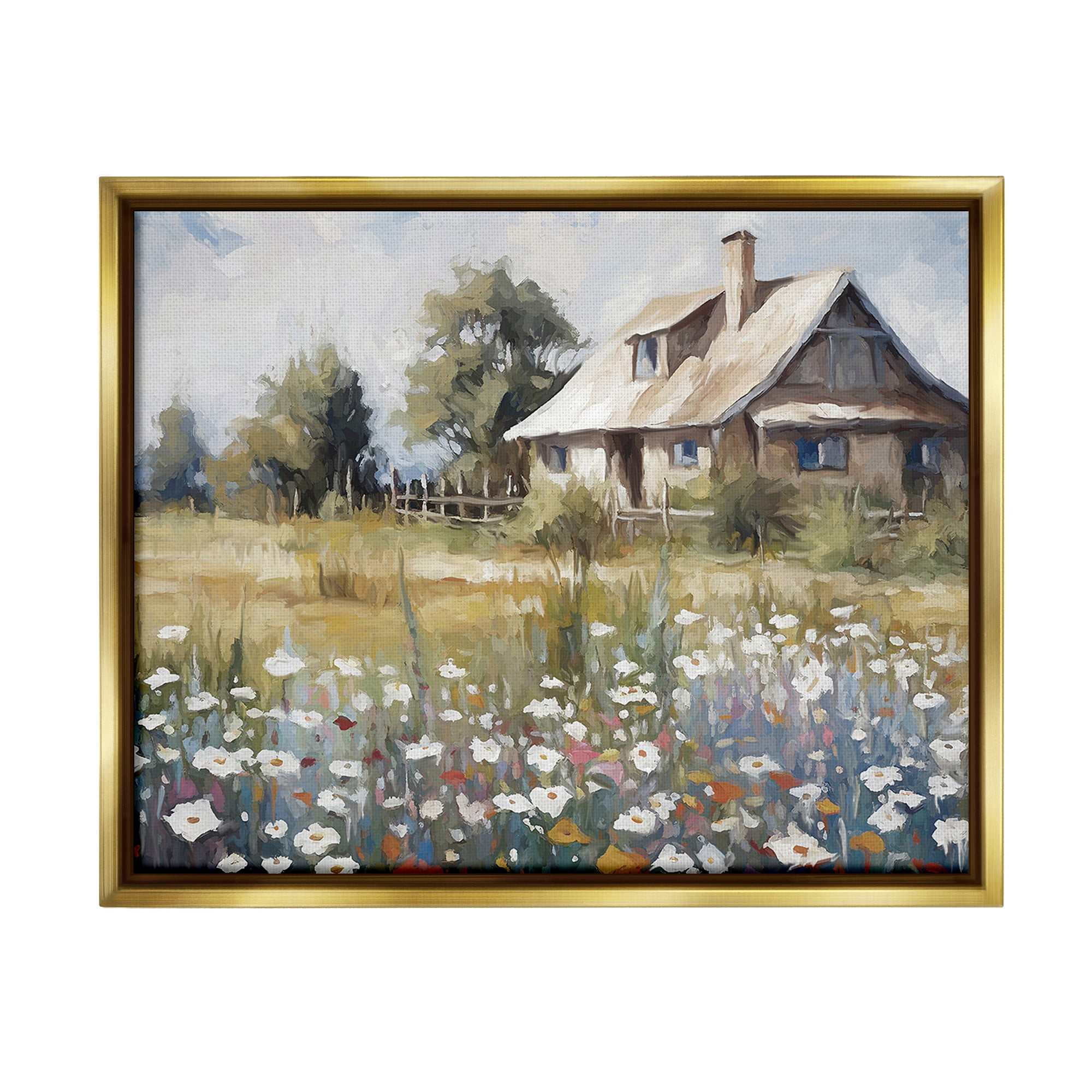 Stupell Industries Charming Prairie Cottage Landscape Painting Gold Floater Framed Canvas Art Print Wall Art, 31 x 25