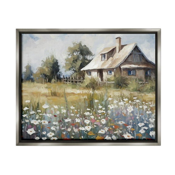 Stupell Industries Charming Prairie Cottage Landscape Painting Gray Floater Framed Canvas Art Print Wall Art, 31 x 25