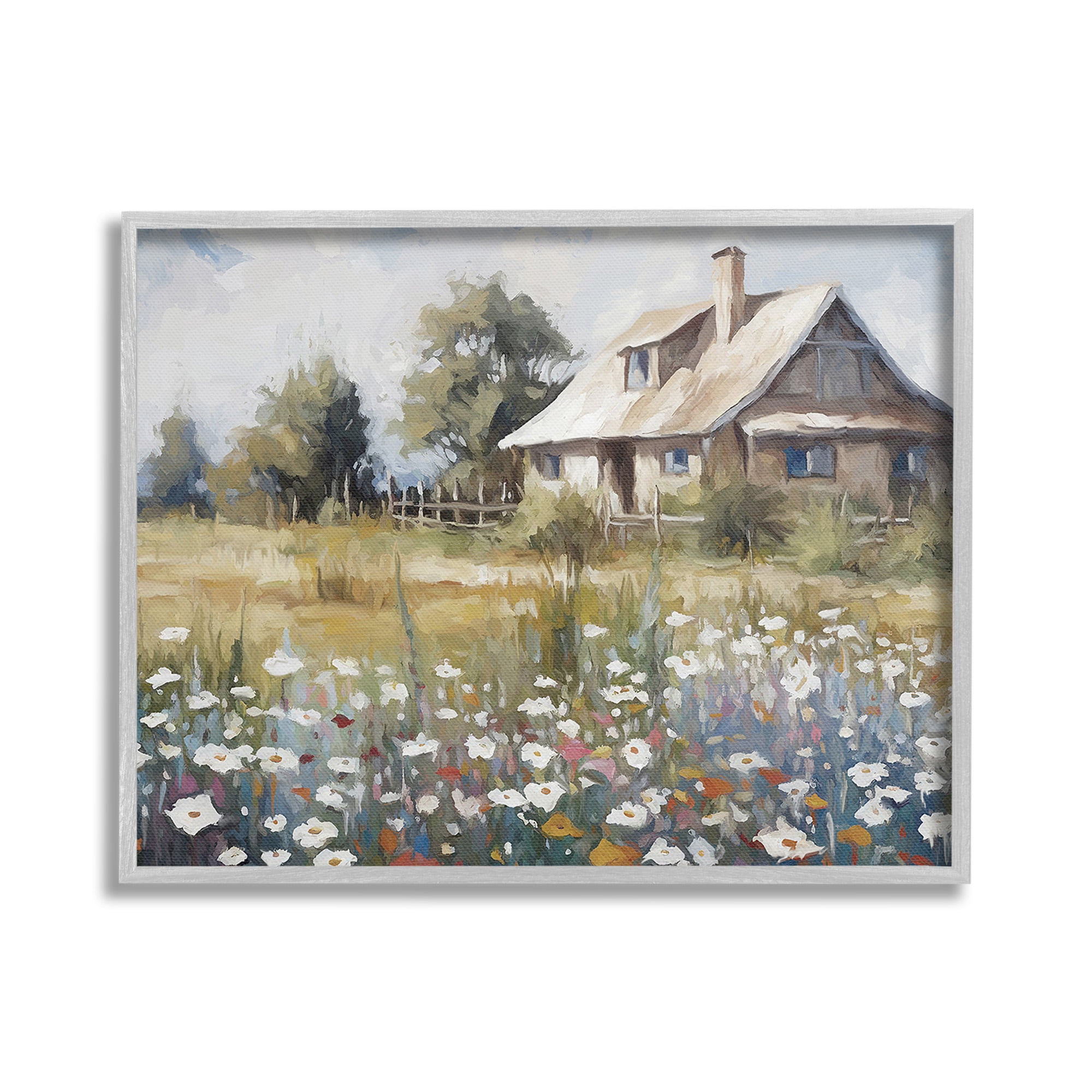 Stupell Industries Charming Prairie Cottage Landscape Painting Gray Framed Art Print Wall Art, 30 x 24
