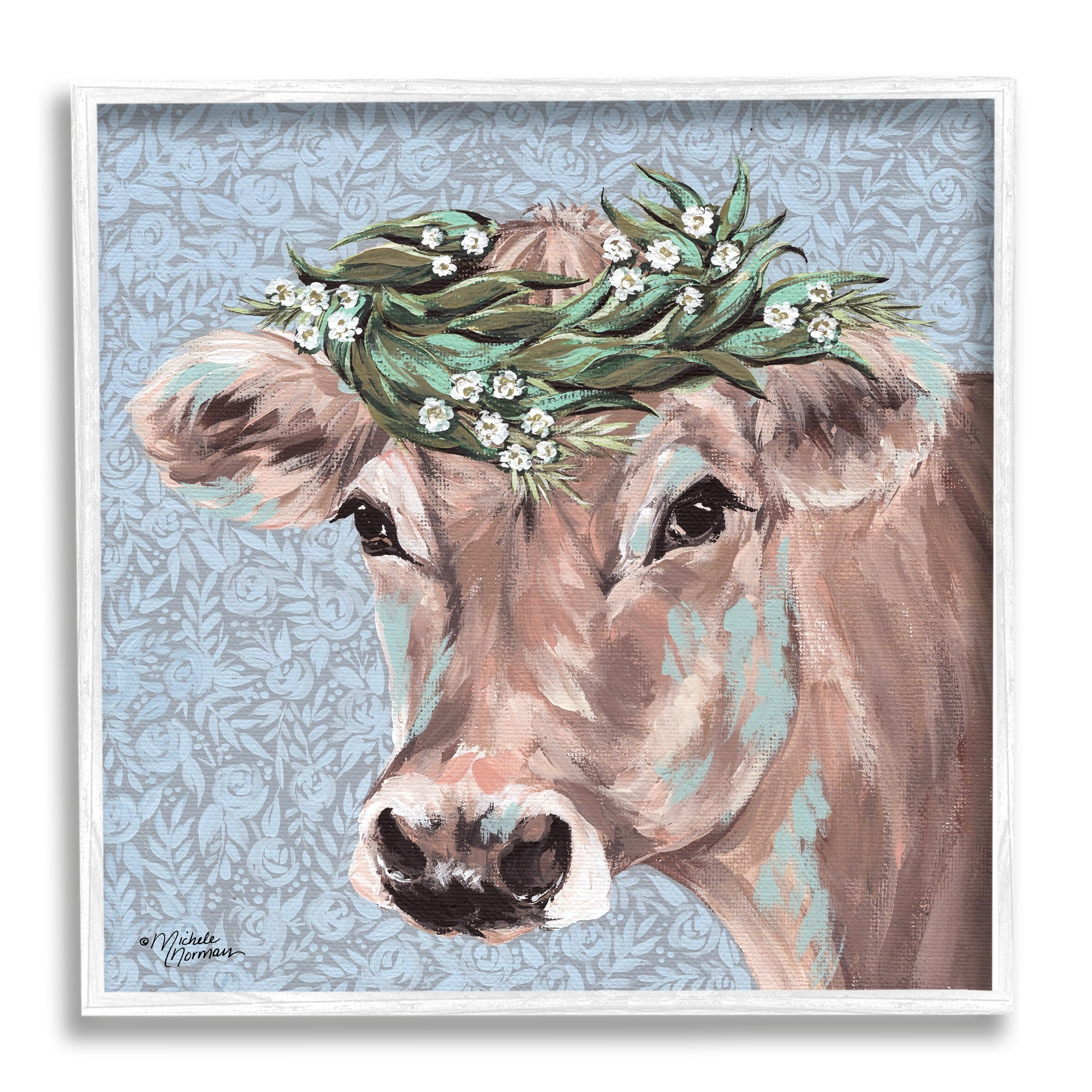 Stupell Industries Charming Rural Cow Portrait Floral Crown, 24 x 24,Design by Michele Norman