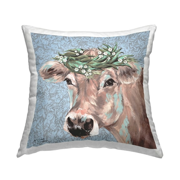 Stupell Industries Charming Rural Cow Portrait Floral Crown Glam Multi-Color,18 x 7 x 18 Decorative Pillows
