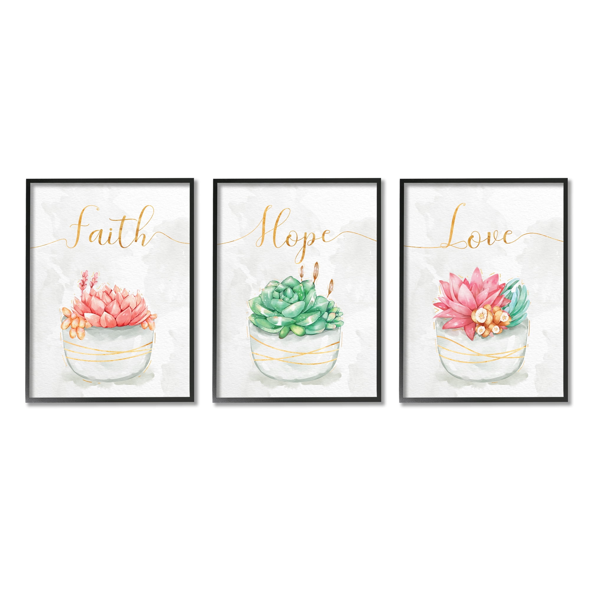 Stupell Industries Charming Succulent Plants Faith Hope Love Phrases Botanical & Floral Painting Black Framed Art Print Wall Art, 11 x 14, Set of 3