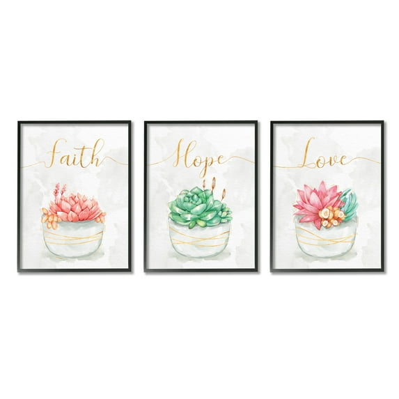 Stupell Industries Charming Succulent Plants Faith Hope Love Phrases Botanical & Floral Painting Black Framed Art Print Wall Art, 16 x 20, Set of 3