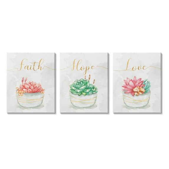 Stupell Industries Charming Succulent Plants Faith Hope Love Phrases Botanical & Floral Painting Gallery Wrapped Canvas Art Print Wall Art, 24 x 30, Set of 3